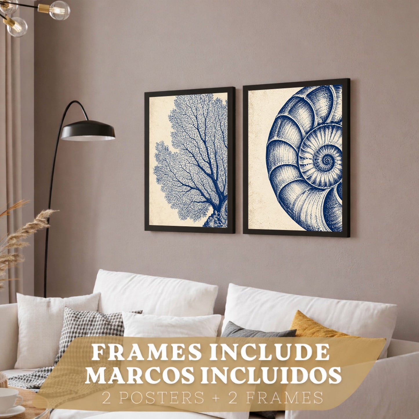 Posters de Arte de Pared Azul Costero con Coral y Concha Nautilus