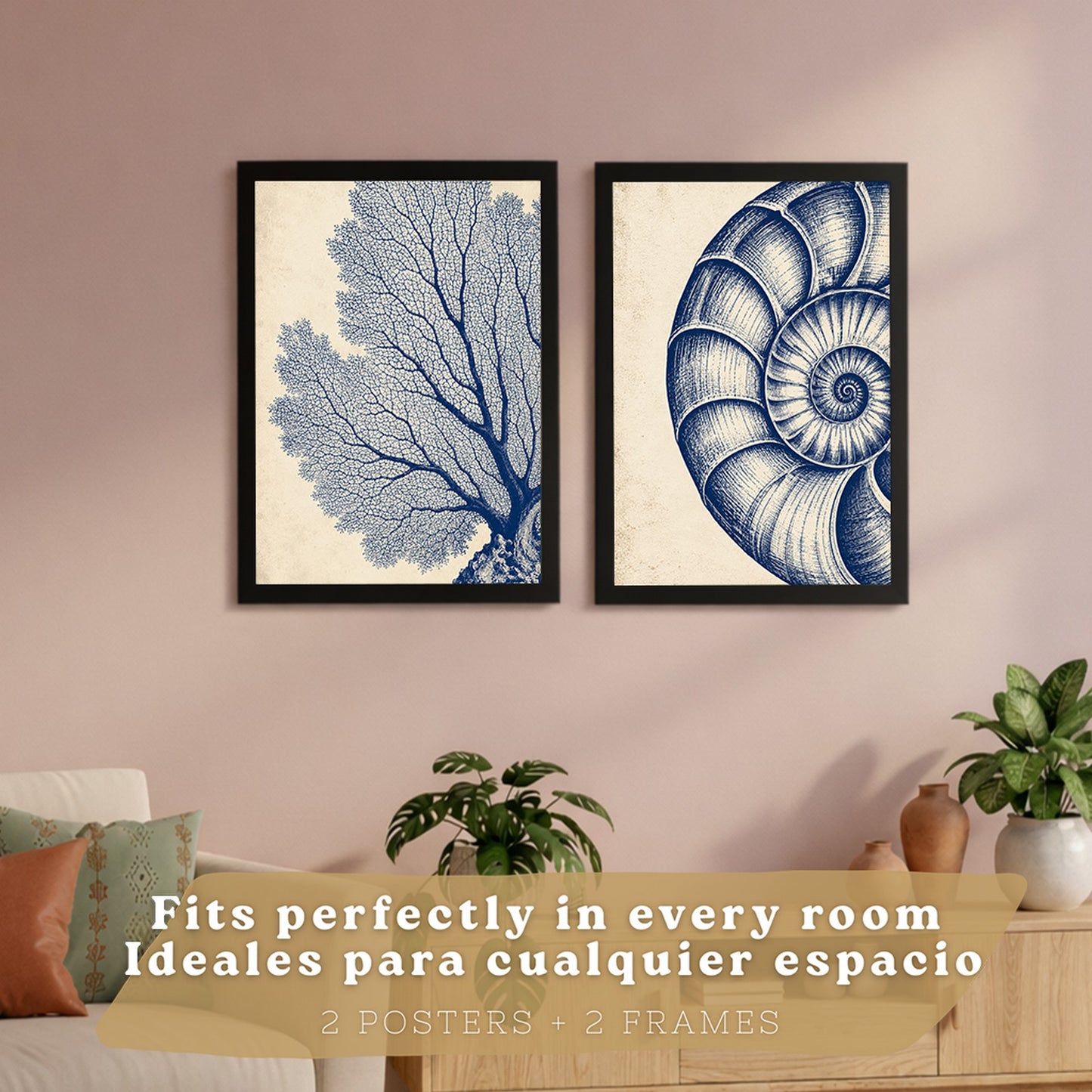 Posters de Arte de Pared Azul Costero con Coral y Concha Nautilus