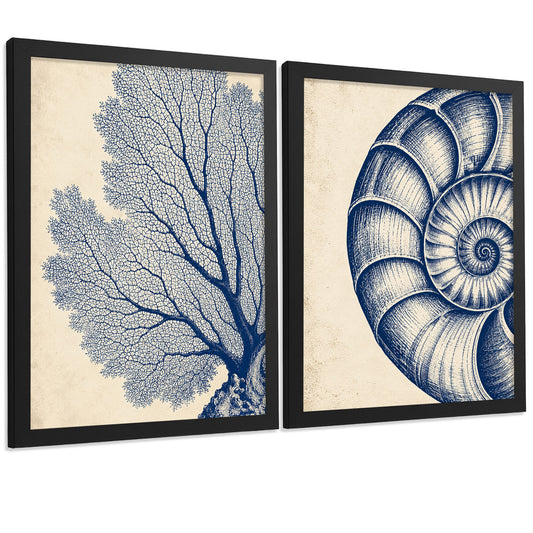 Posters de Arte de Pared Azul Costero con Coral y Concha Nautilus