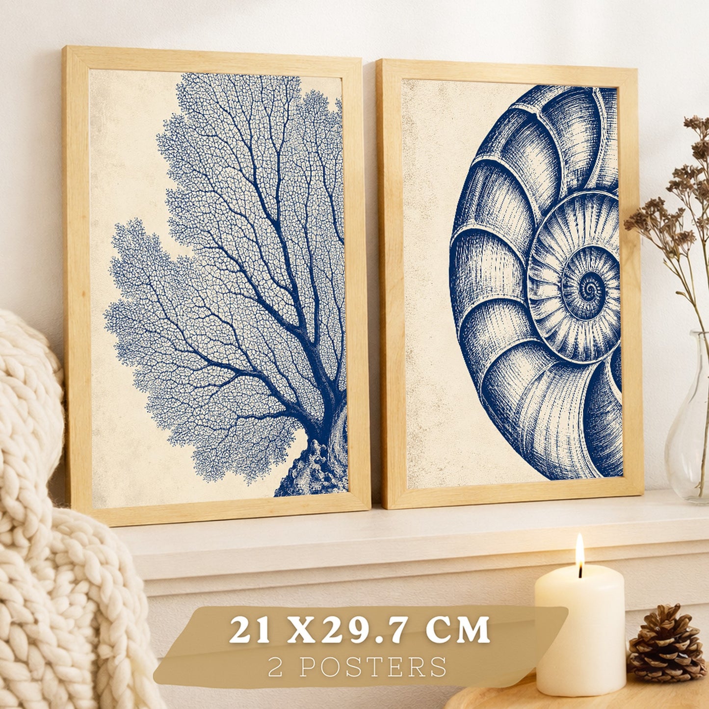 Posters de Arte de Pared Azul Costero con Coral y Concha Nautilus