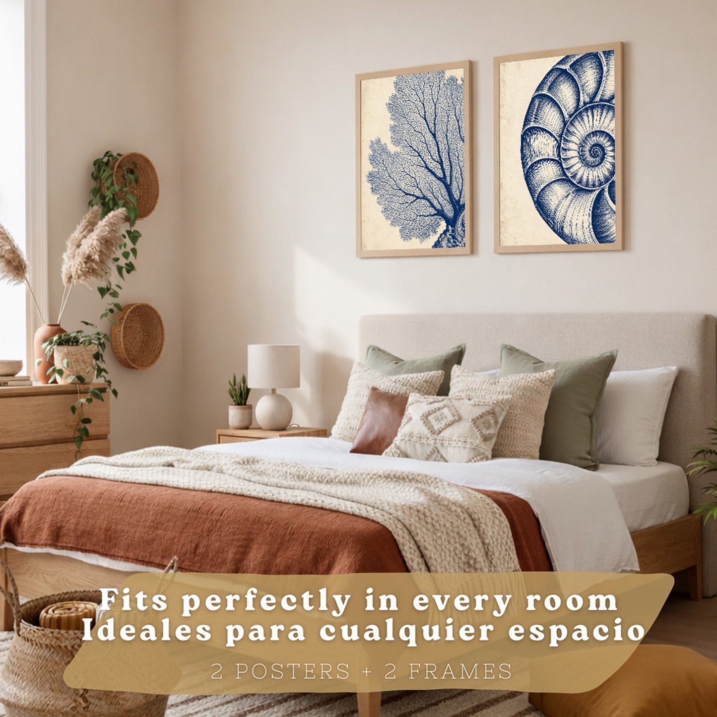 Posters de Arte de Pared Azul Costero con Coral y Concha Nautilus