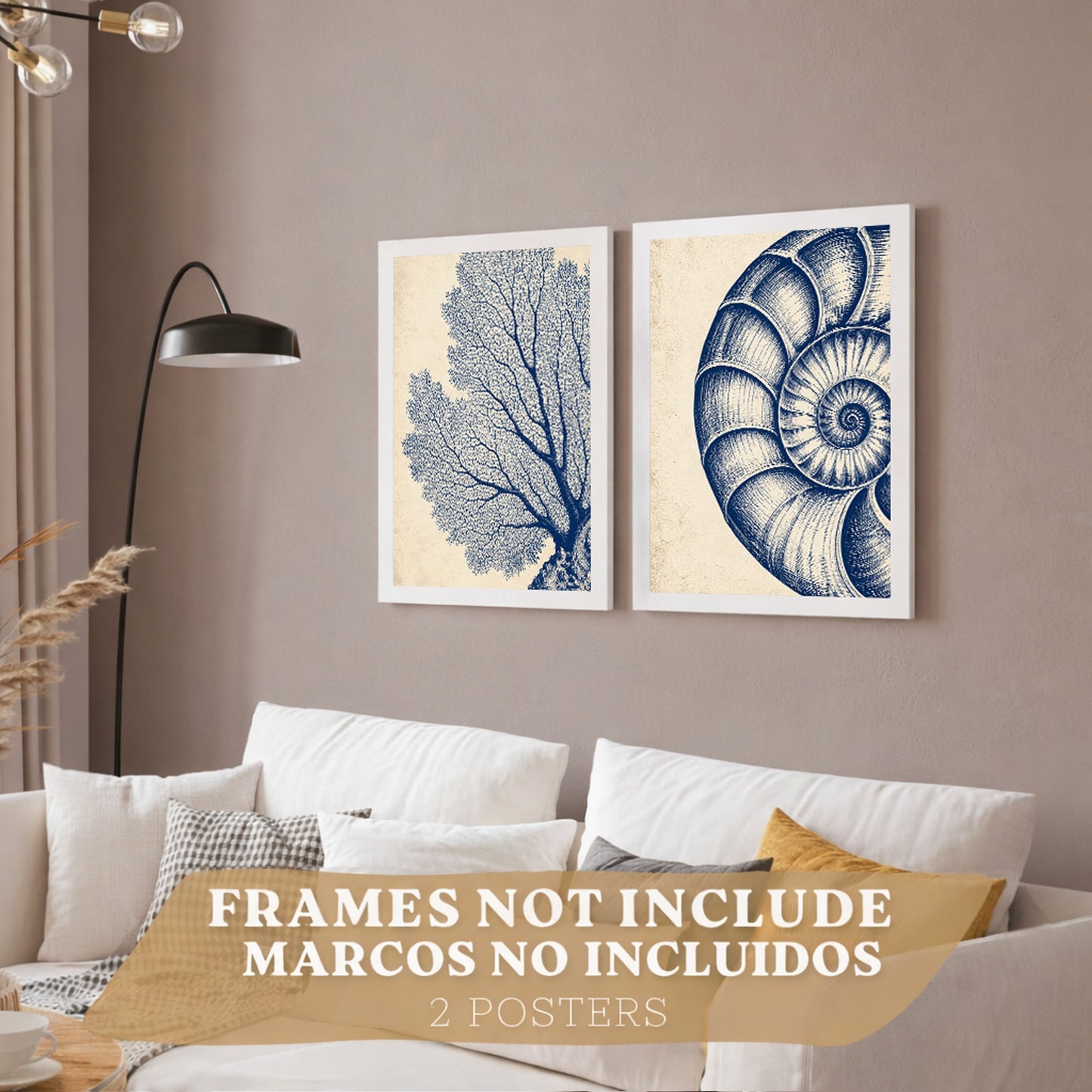 Posters de Arte de Pared Azul Costero con Coral y Concha Nautilus