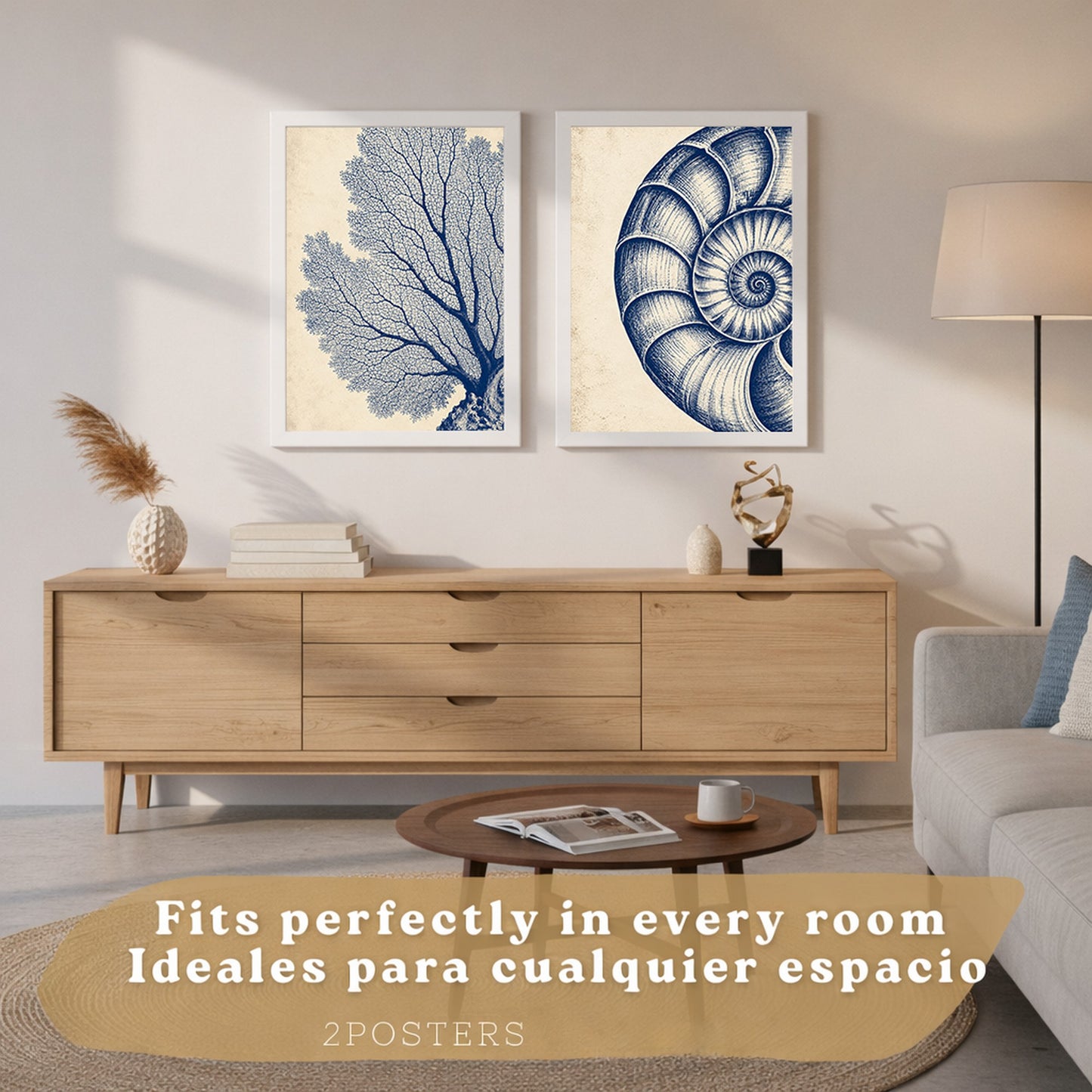 Posters de Arte de Pared Azul Costero con Coral y Concha Nautilus