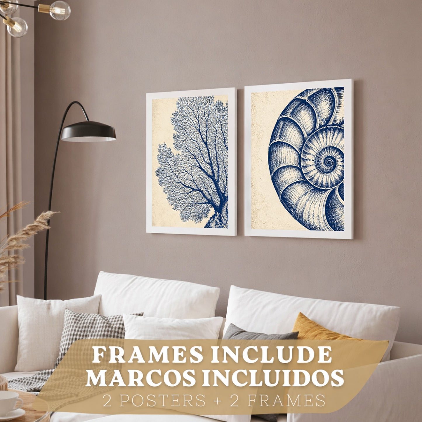 Posters de Arte de Pared Azul Costero con Coral y Concha Nautilus