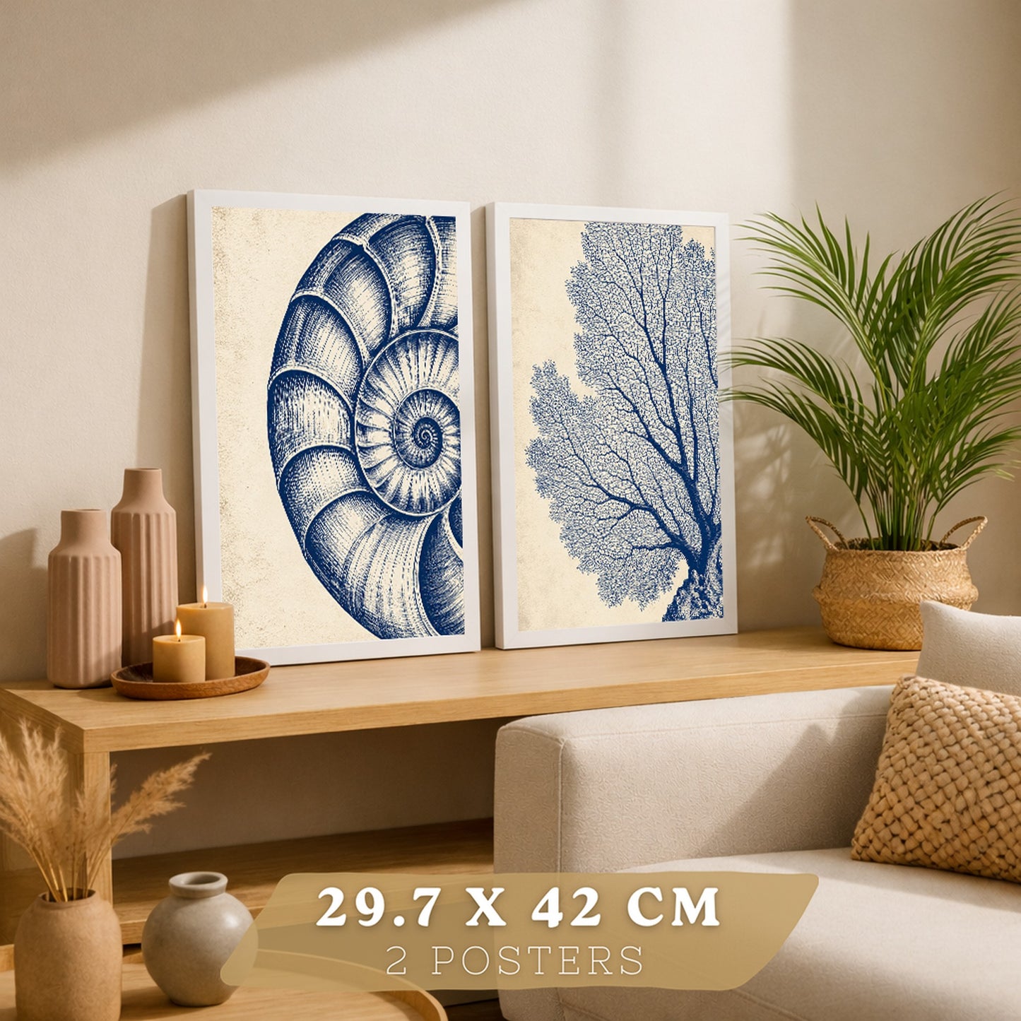 Posters de Arte de Pared Azul Costero con Coral y Concha Nautilus