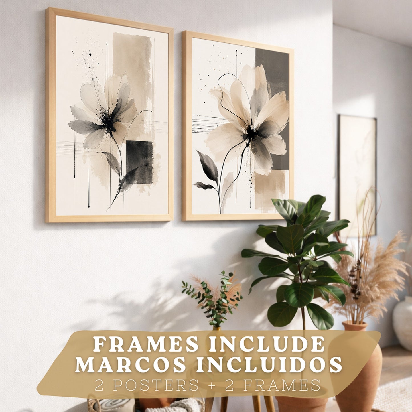 Posters Florales Abstractos con Arte Floral Beige Neutro