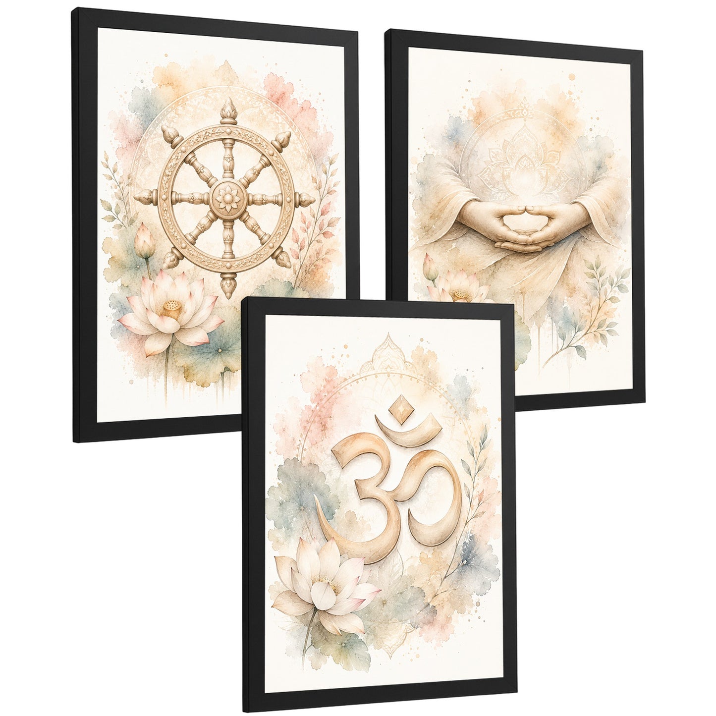 Posters Espirituales con Rueda del Dharma, Om y Arte de Meditación