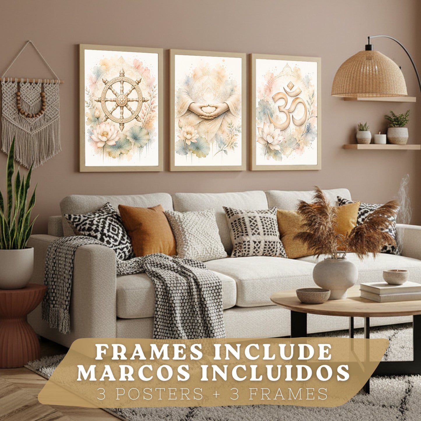 Posters Espirituales con Rueda del Dharma, Om y Arte de Meditación