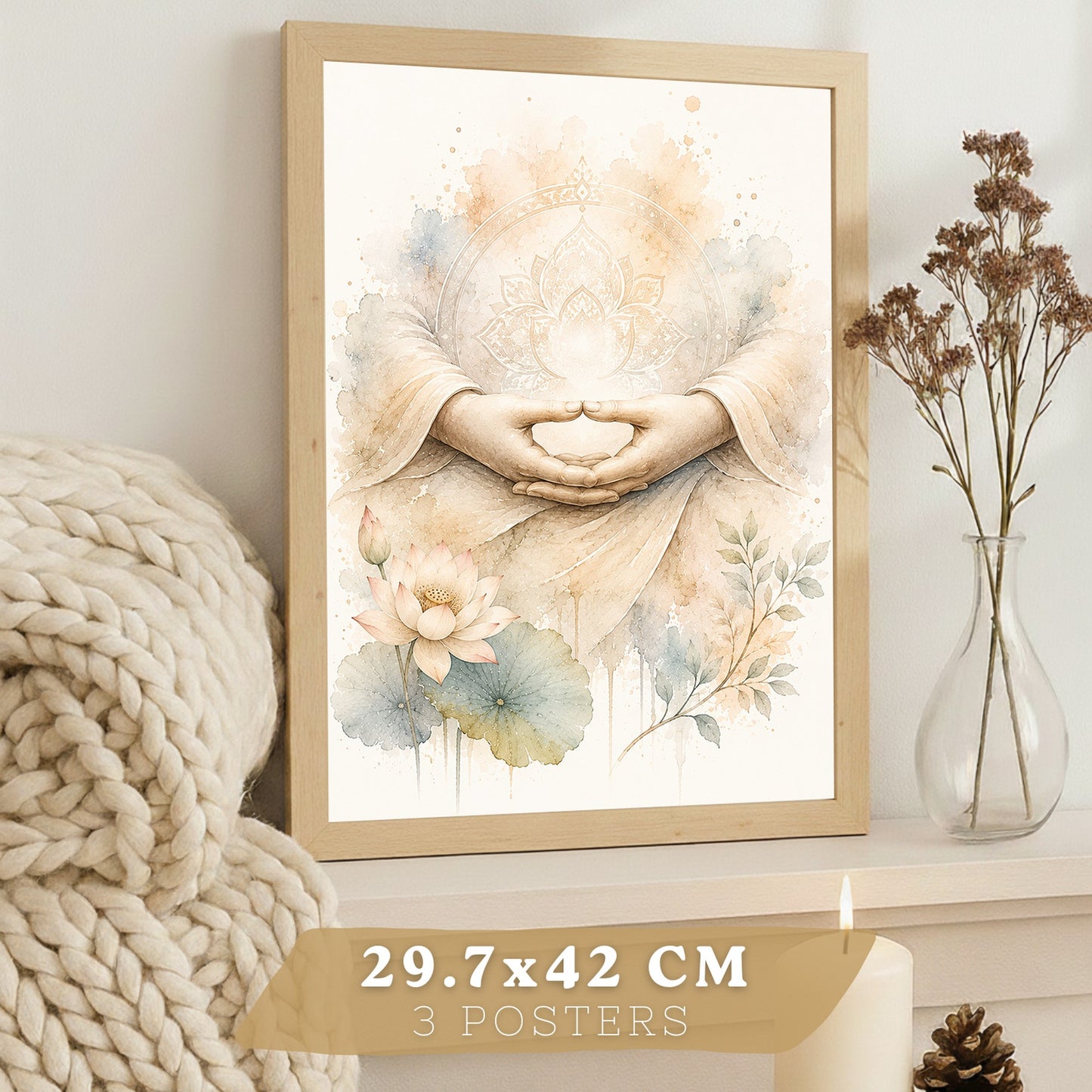 Posters Espirituales con Rueda del Dharma, Om y Arte de Meditación