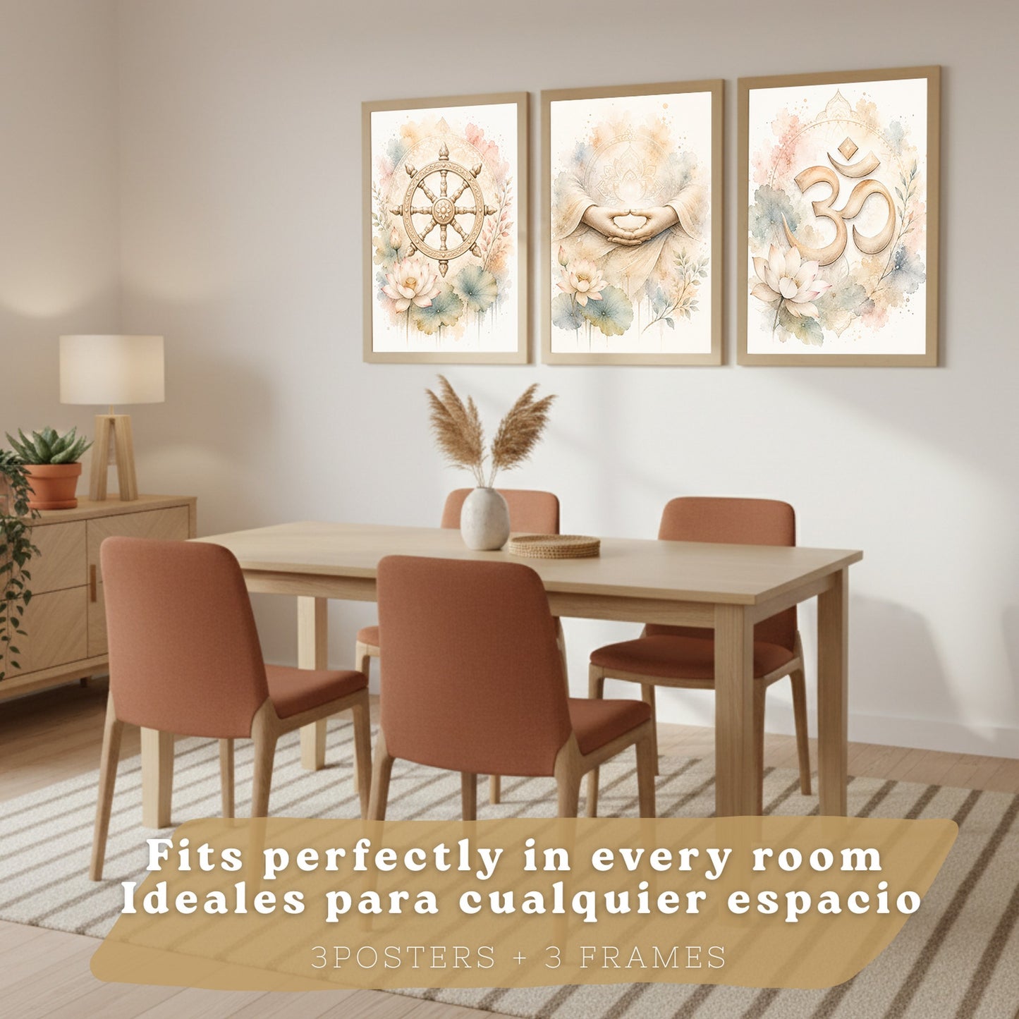 Posters Espirituales con Rueda del Dharma, Om y Arte de Meditación