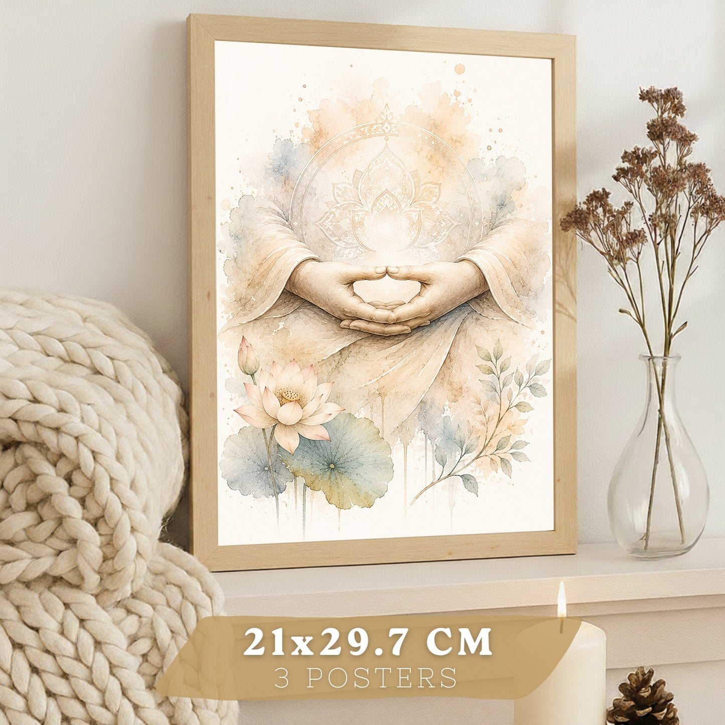 Posters Espirituales con Rueda del Dharma, Om y Arte de Meditación