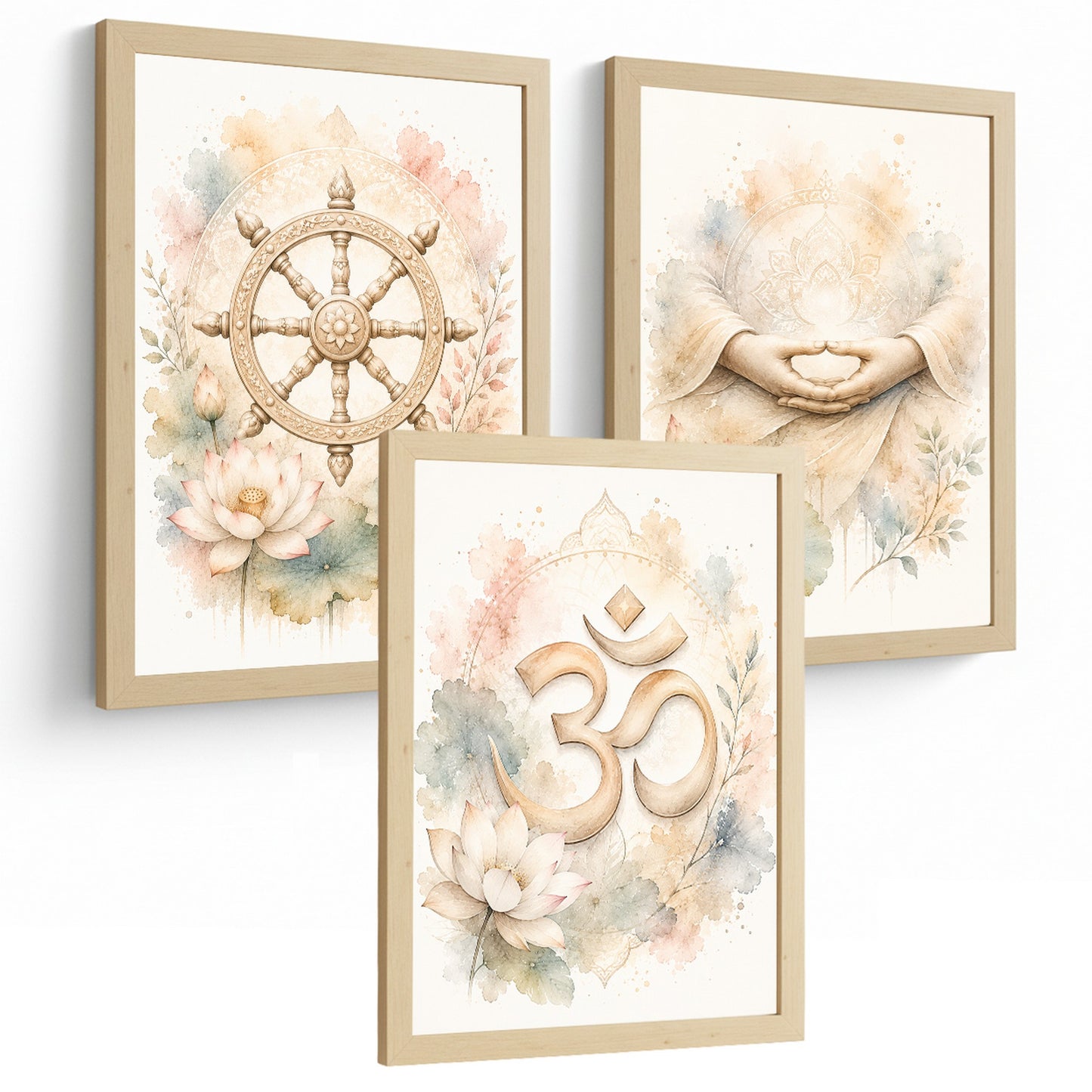Posters Espirituales con Rueda del Dharma, Om y Arte de Meditación
