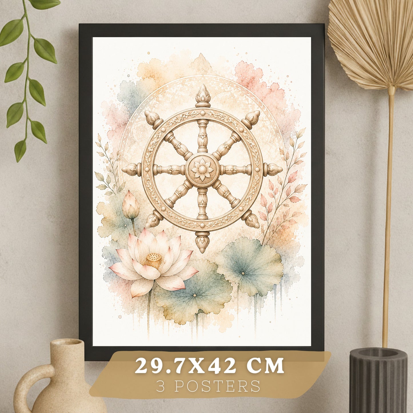 Posters Espirituales con Rueda del Dharma, Om y Arte de Meditación