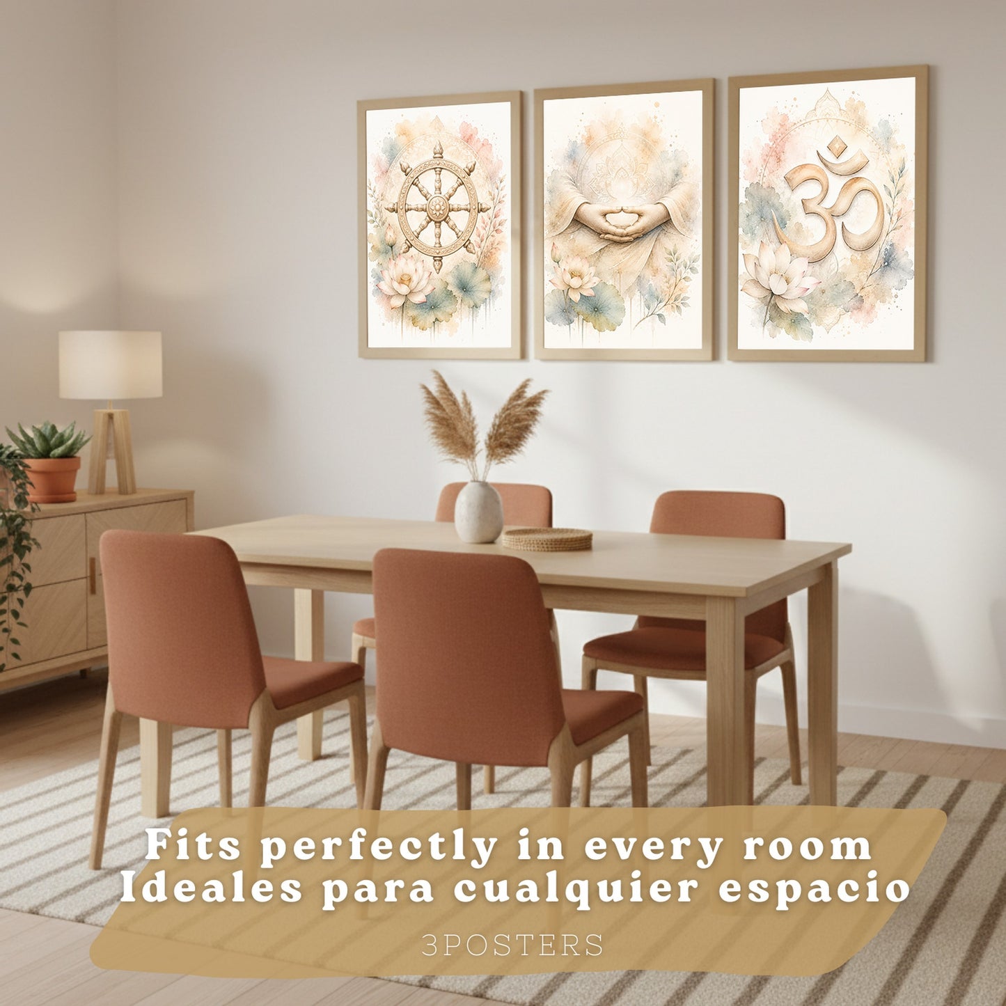 Posters Espirituales con Rueda del Dharma, Om y Arte de Meditación