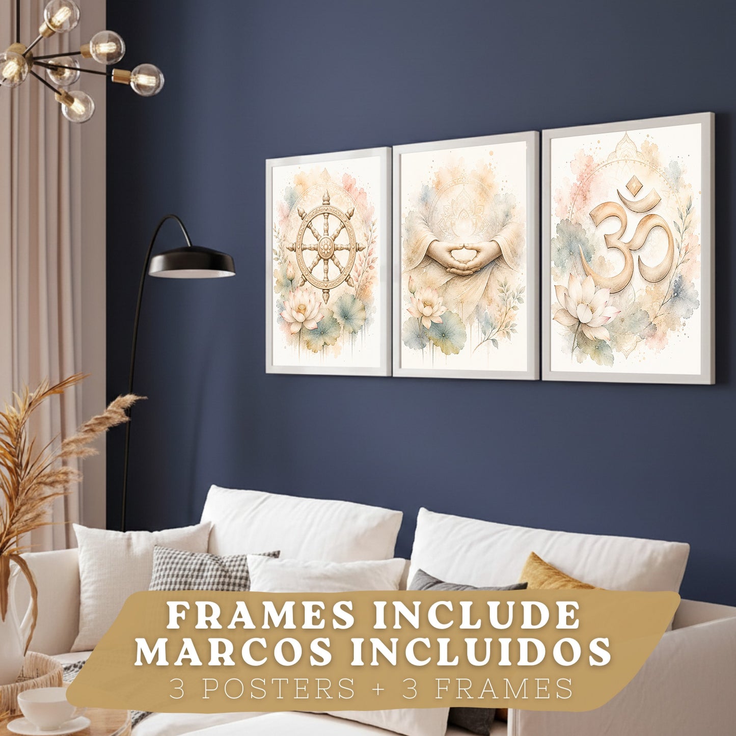 Posters Espirituales con Rueda del Dharma, Om y Arte de Meditación