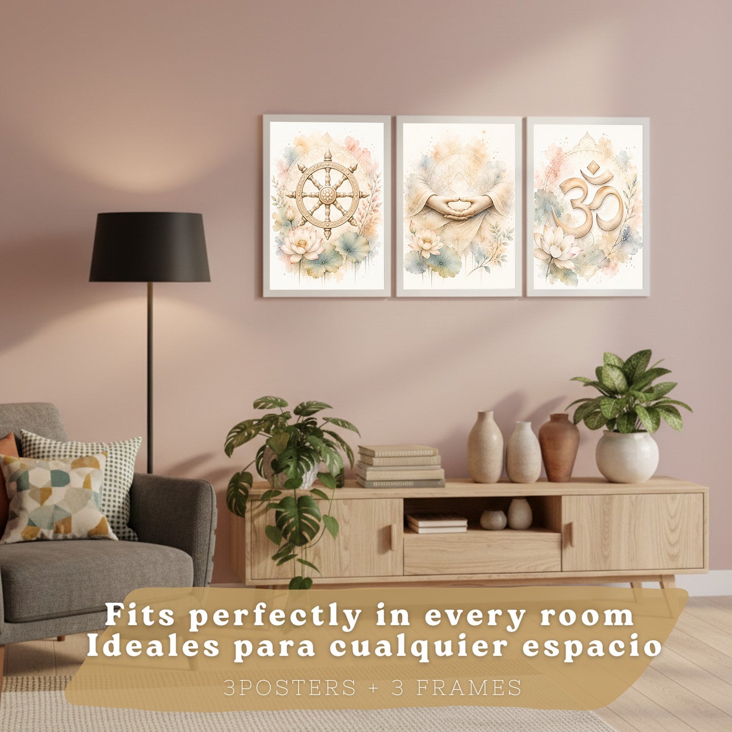 Posters Espirituales con Rueda del Dharma, Om y Arte de Meditación