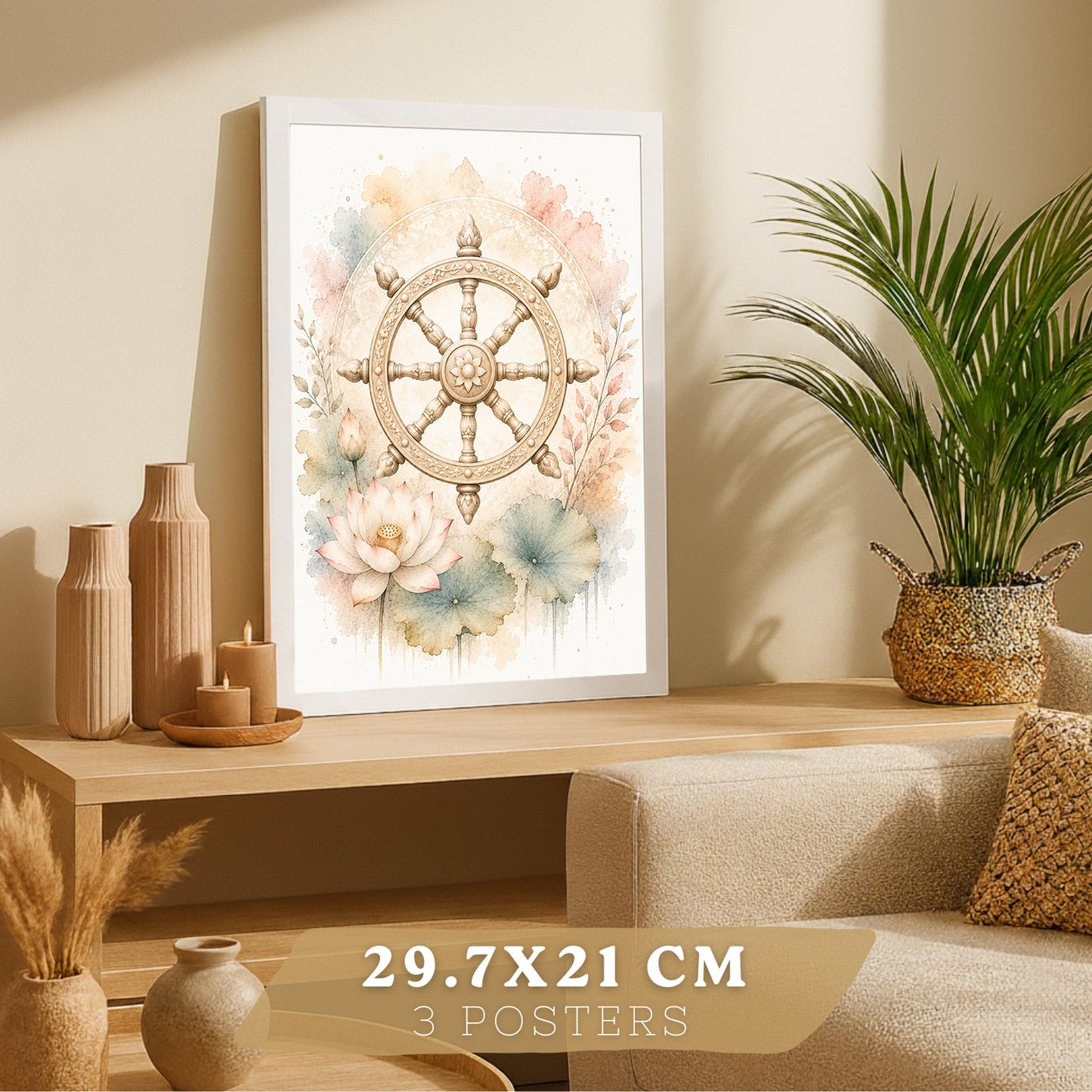 Posters Espirituales con Rueda del Dharma, Om y Arte de Meditación