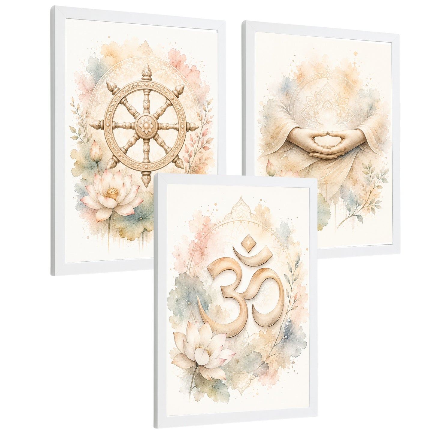 Posters Espirituales con Rueda del Dharma, Om y Arte de Meditación
