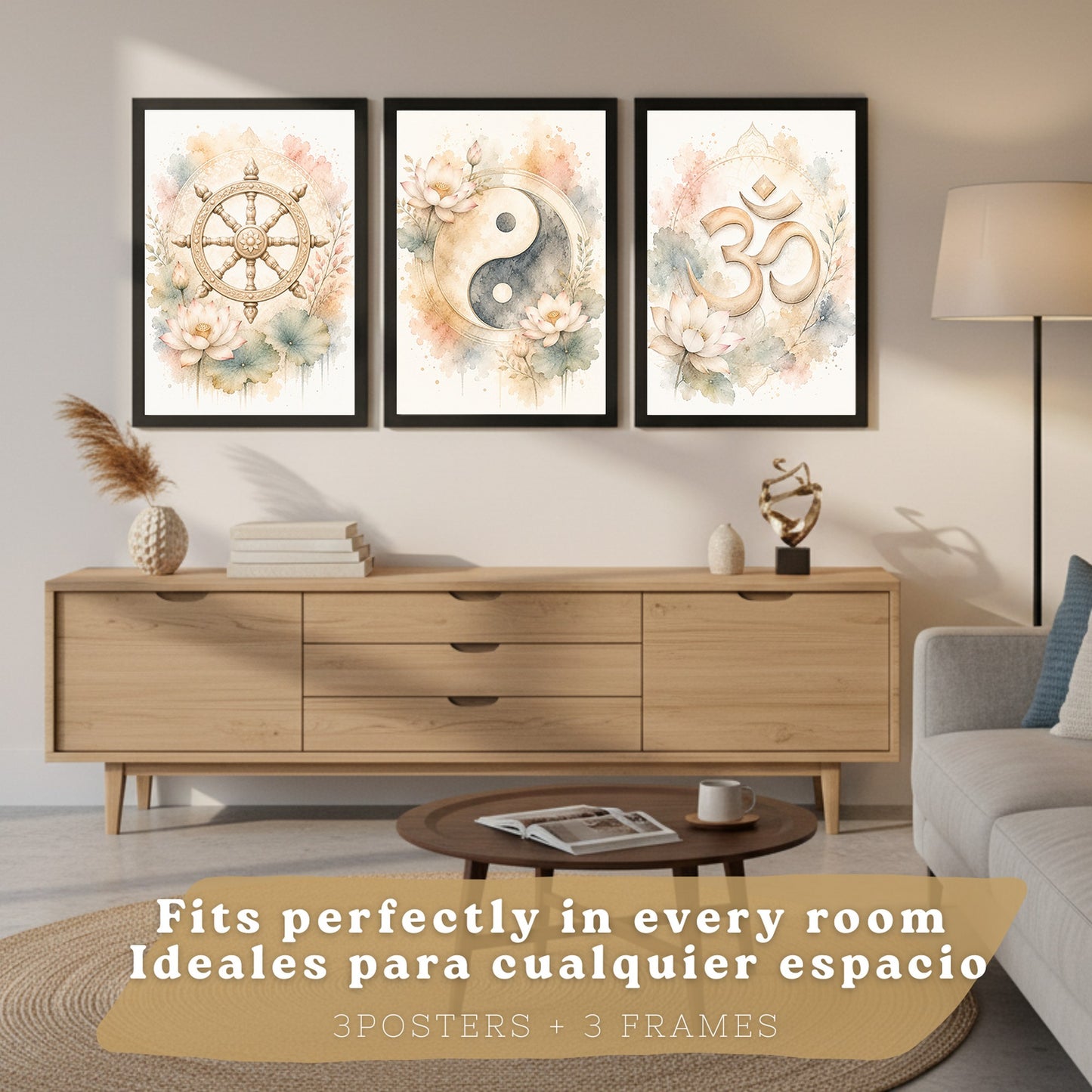 Posters Espirituales con Rueda del Dharma, Yin Yang y Arte Om