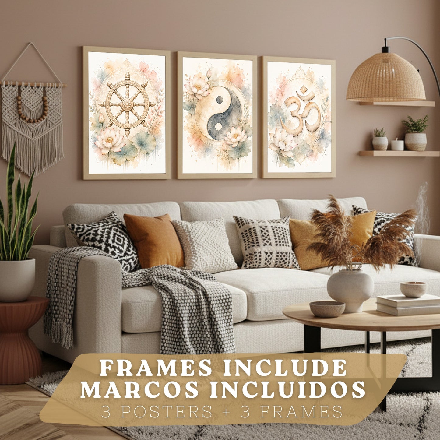 Posters Espirituales con Rueda del Dharma, Yin Yang y Arte Om