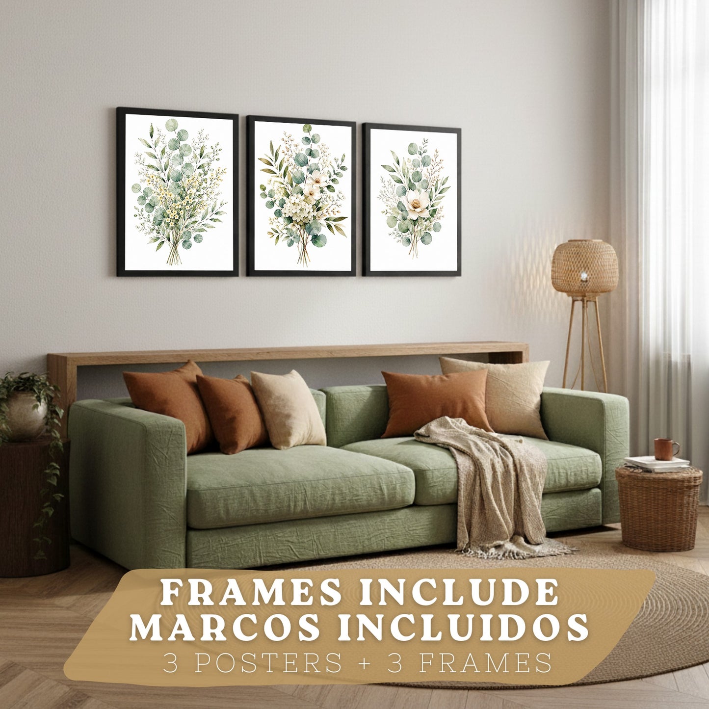 Posters Florales de Eucalipto con Arte Botánico de Flores Blancas