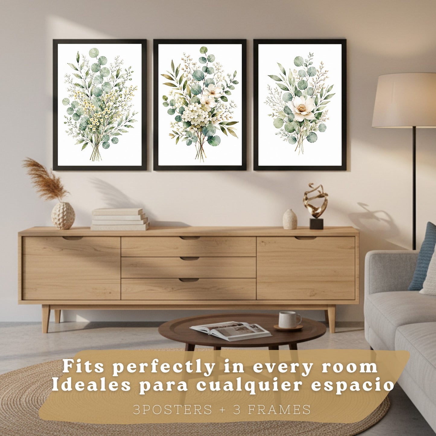 Posters Florales de Eucalipto con Arte Botánico de Flores Blancas