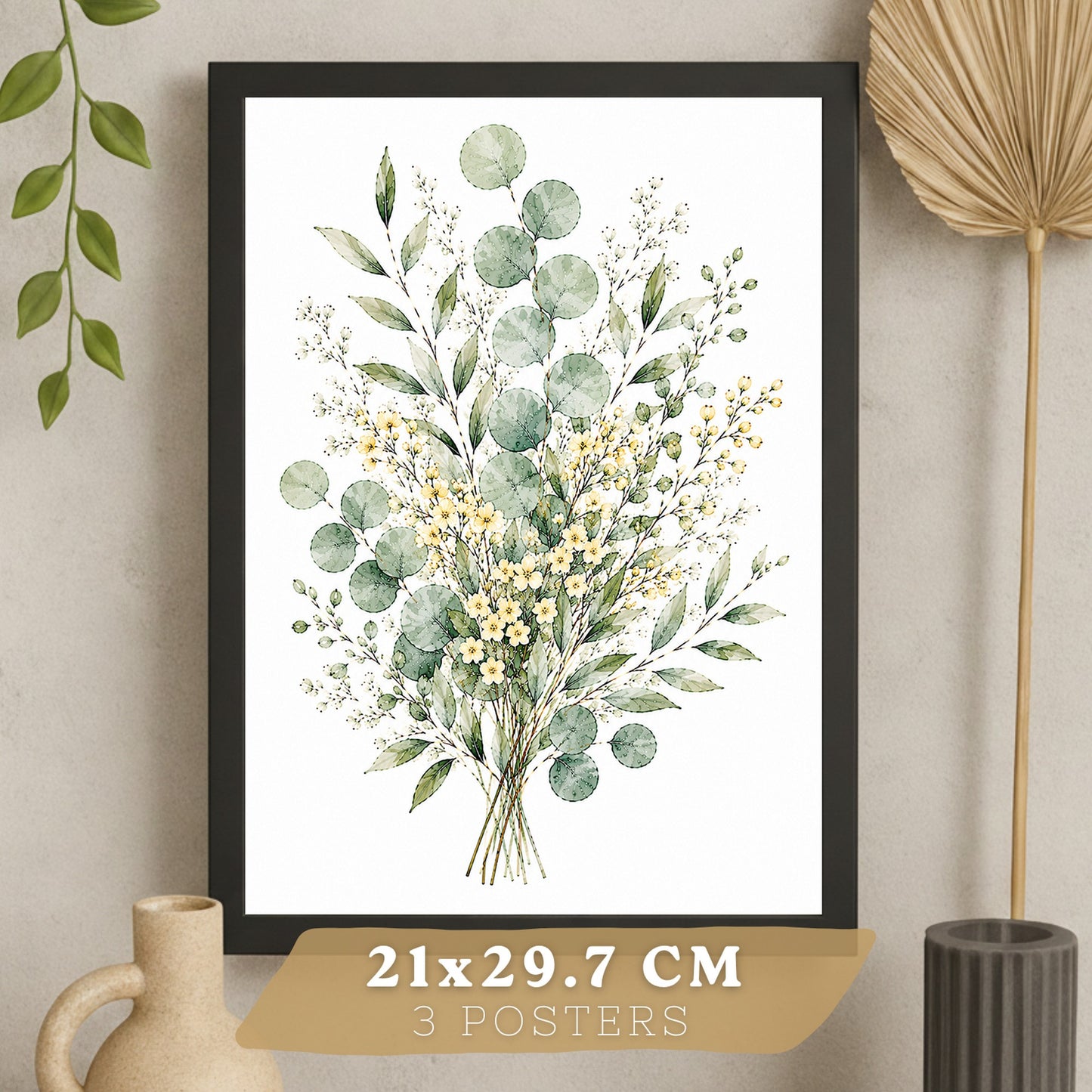 Posters Florales de Eucalipto con Arte Botánico de Flores Blancas