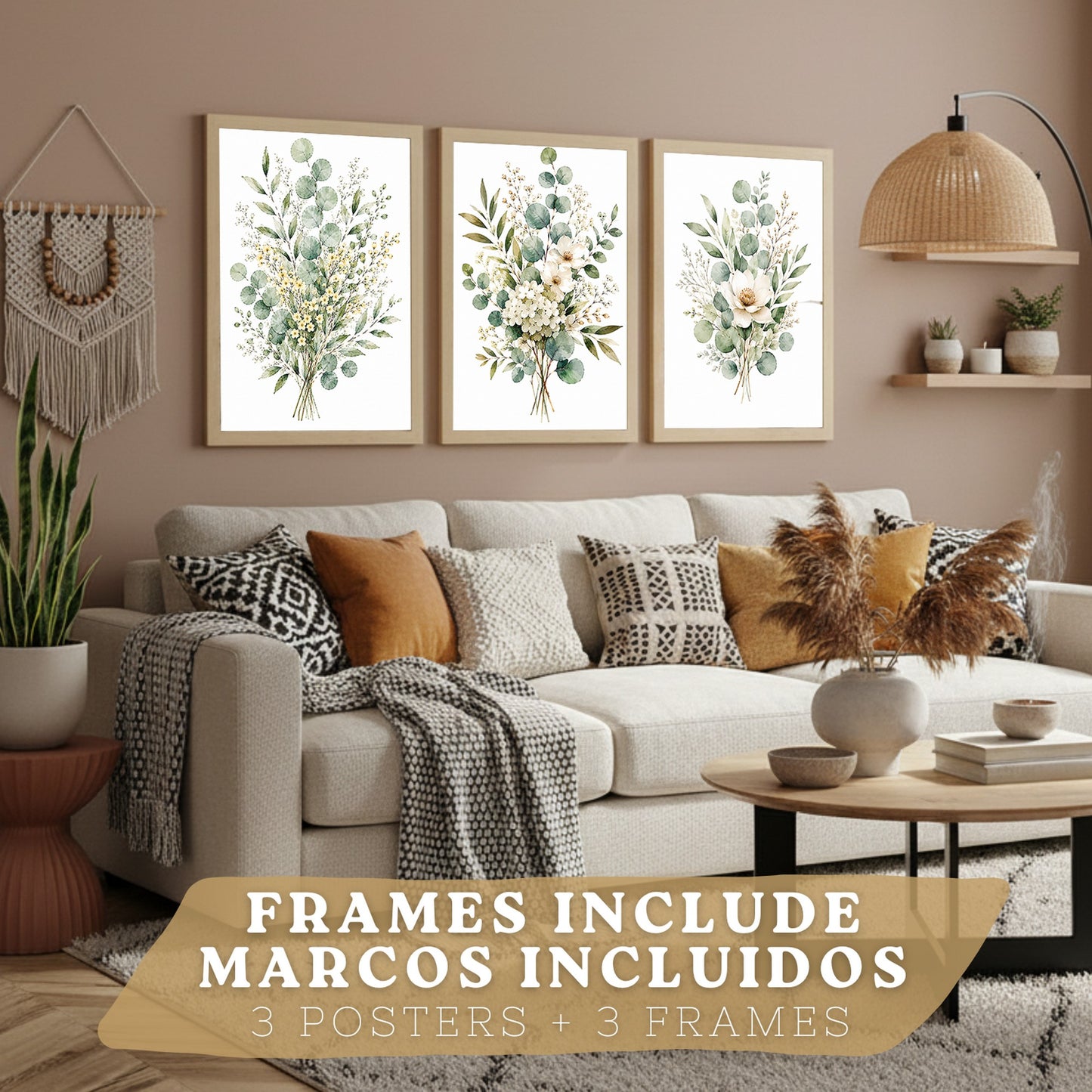 Posters Florales de Eucalipto con Arte Botánico de Flores Blancas
