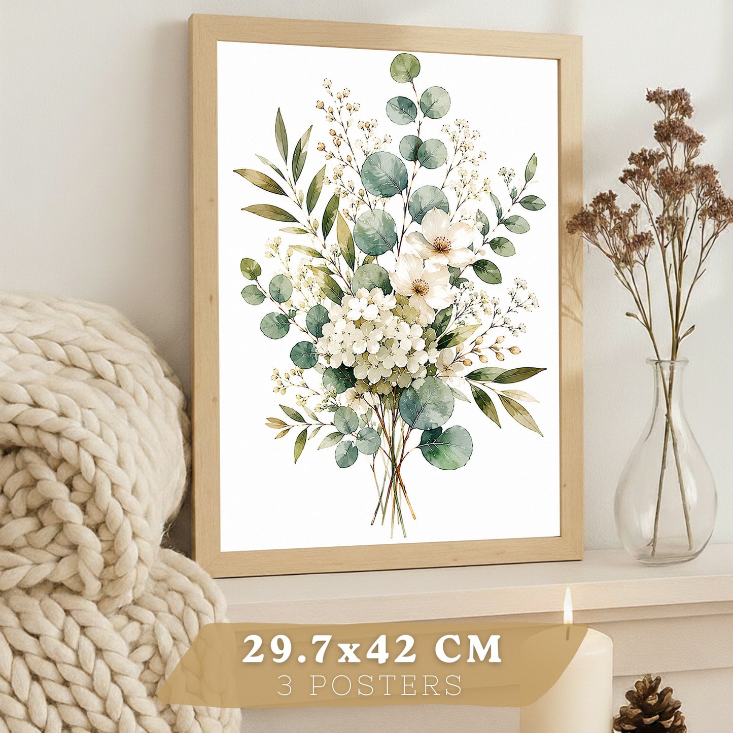 Posters Florales de Eucalipto con Arte Botánico de Flores Blancas