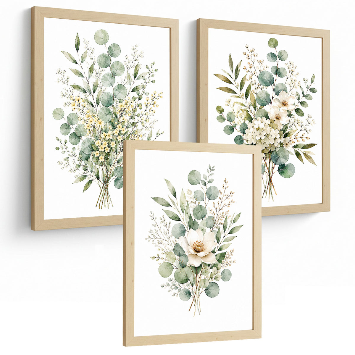 Posters Florales de Eucalipto con Arte Botánico de Flores Blancas