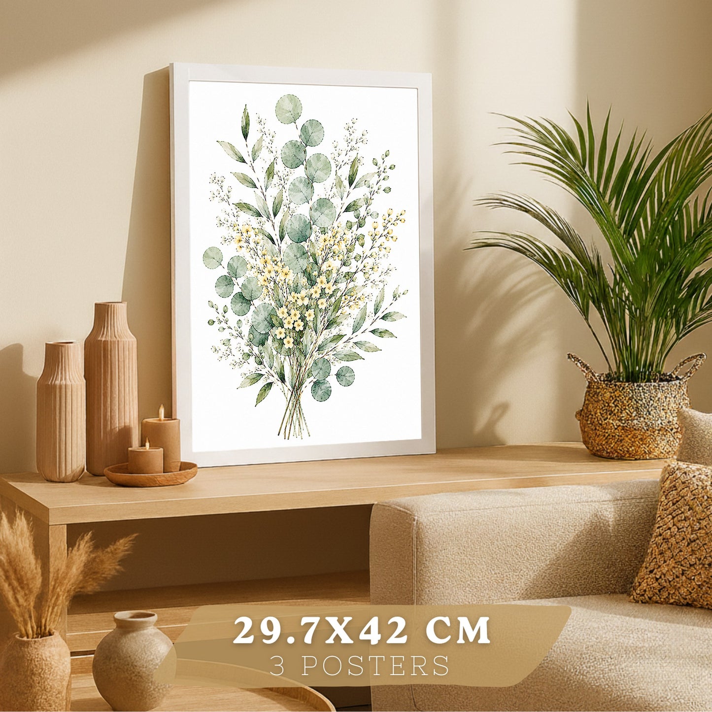 Posters Florales de Eucalipto con Arte Botánico de Flores Blancas