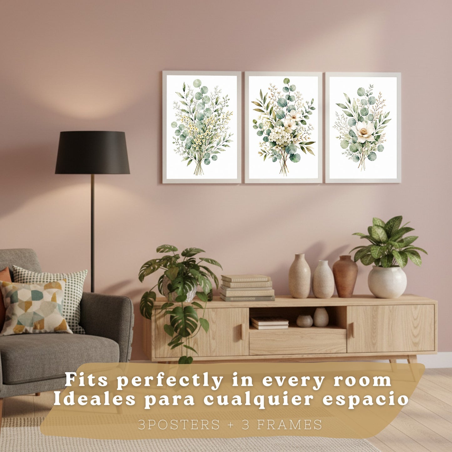 Posters Florales de Eucalipto con Arte Botánico de Flores Blancas