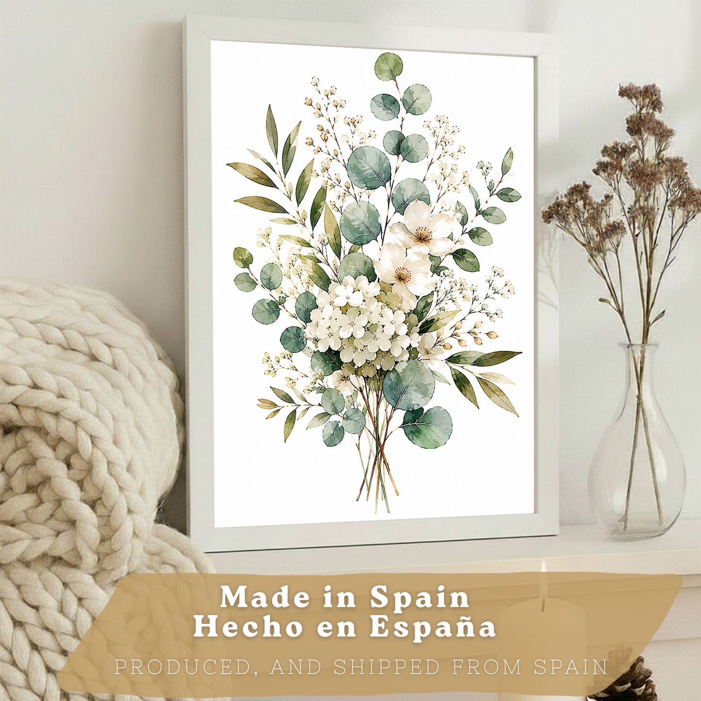 Posters Florales de Eucalipto con Arte Botánico de Flores Blancas