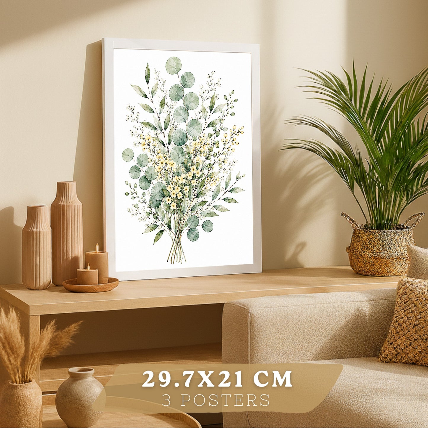 Posters Florales de Eucalipto con Arte Botánico de Flores Blancas