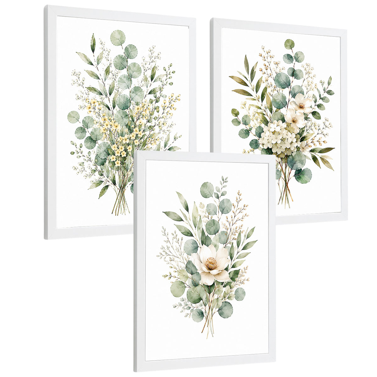 Posters Florales de Eucalipto con Arte Botánico de Flores Blancas