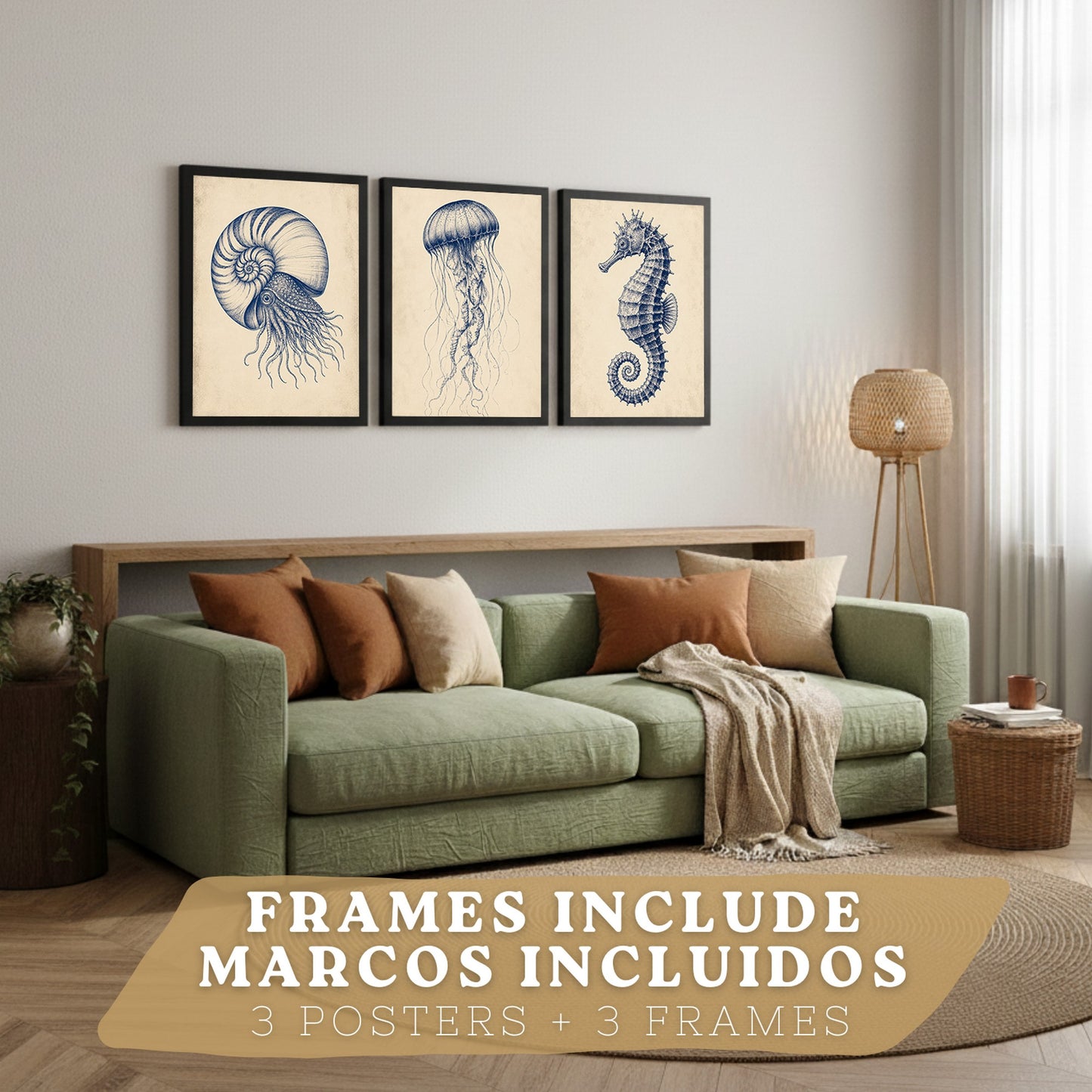 Posters de Arte Azul Costero con Nautilus, Medusa y Caballito de Mar