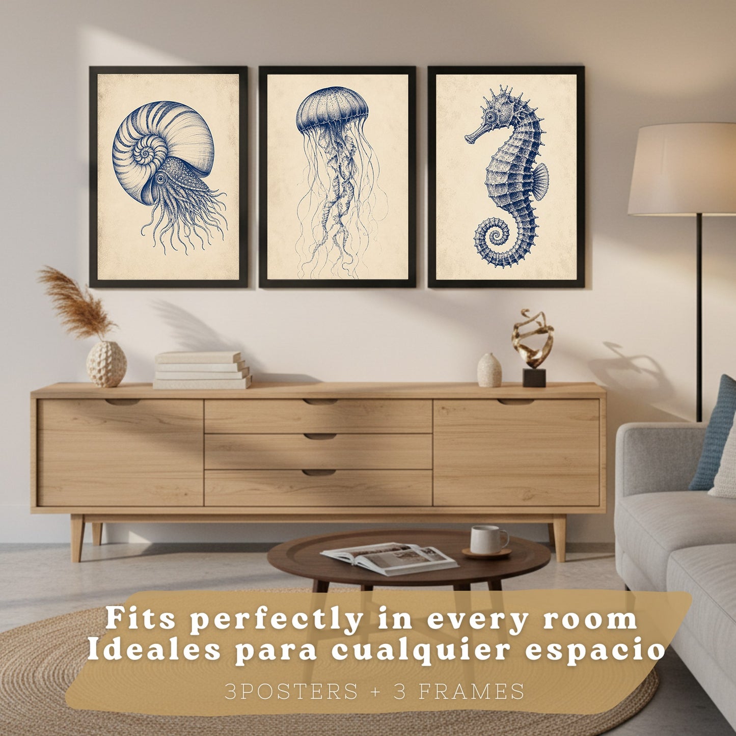 Posters de Arte Azul Costero con Nautilus, Medusa y Caballito de Mar