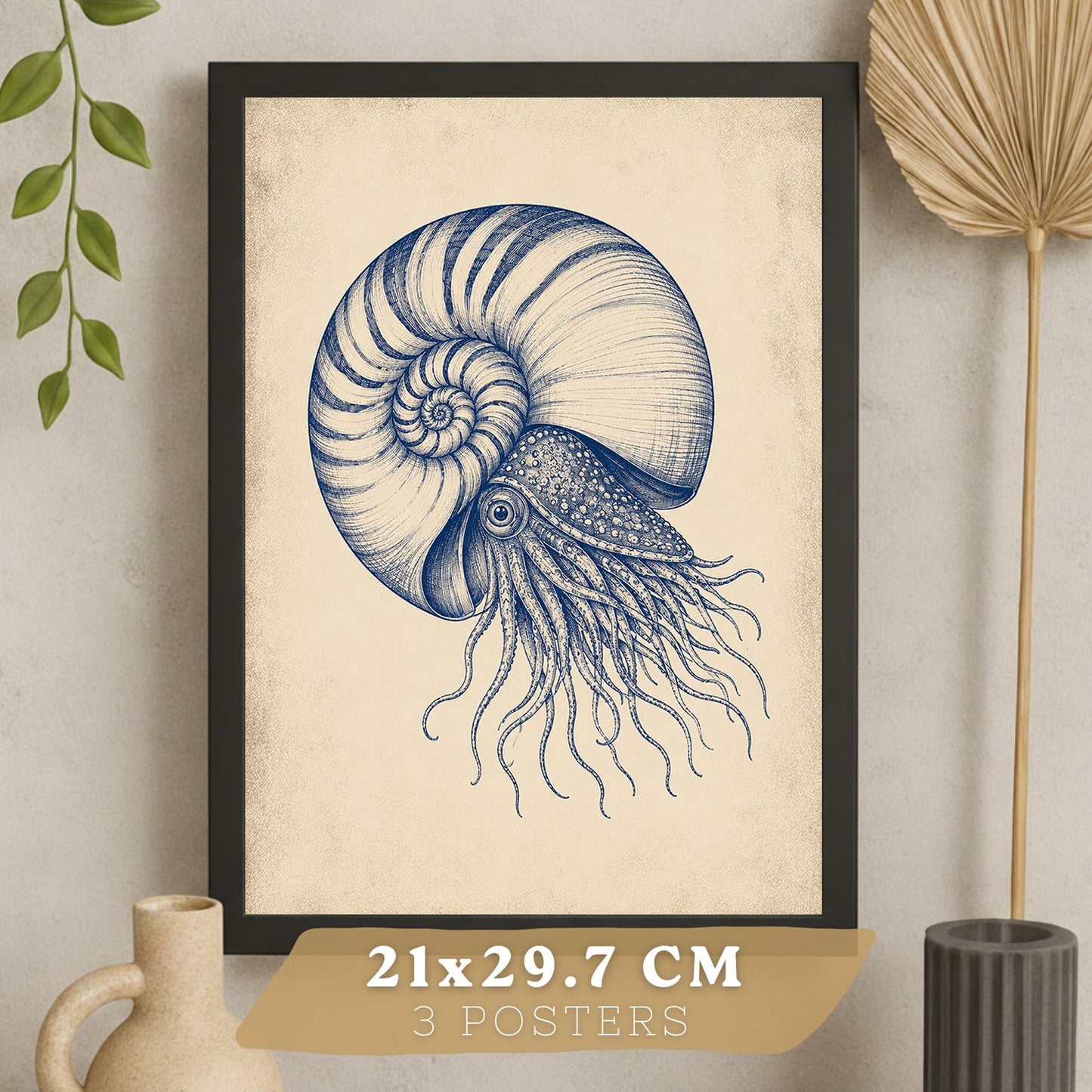 Posters de Arte Azul Costero con Nautilus, Medusa y Caballito de Mar