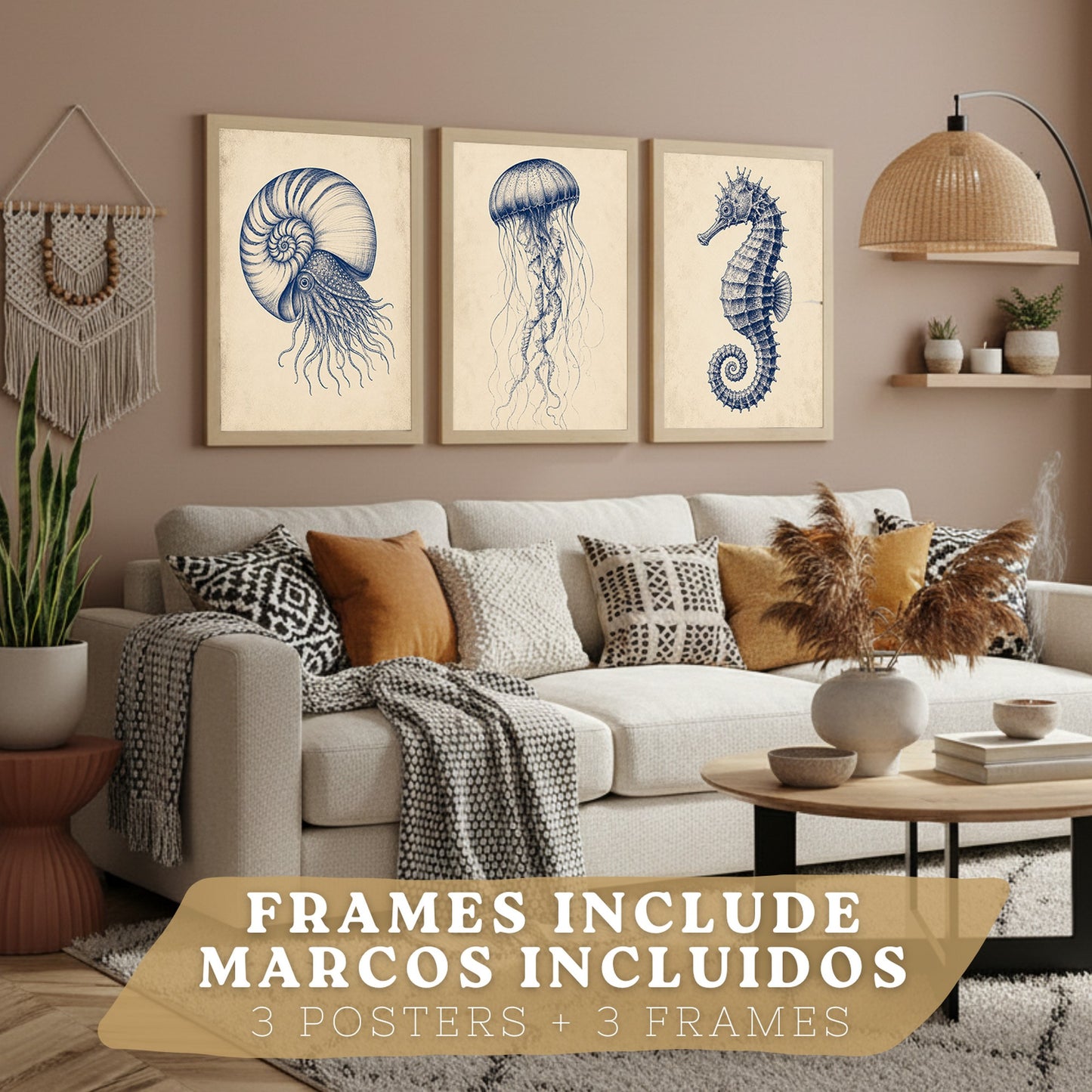 Posters de Arte Azul Costero con Nautilus, Medusa y Caballito de Mar
