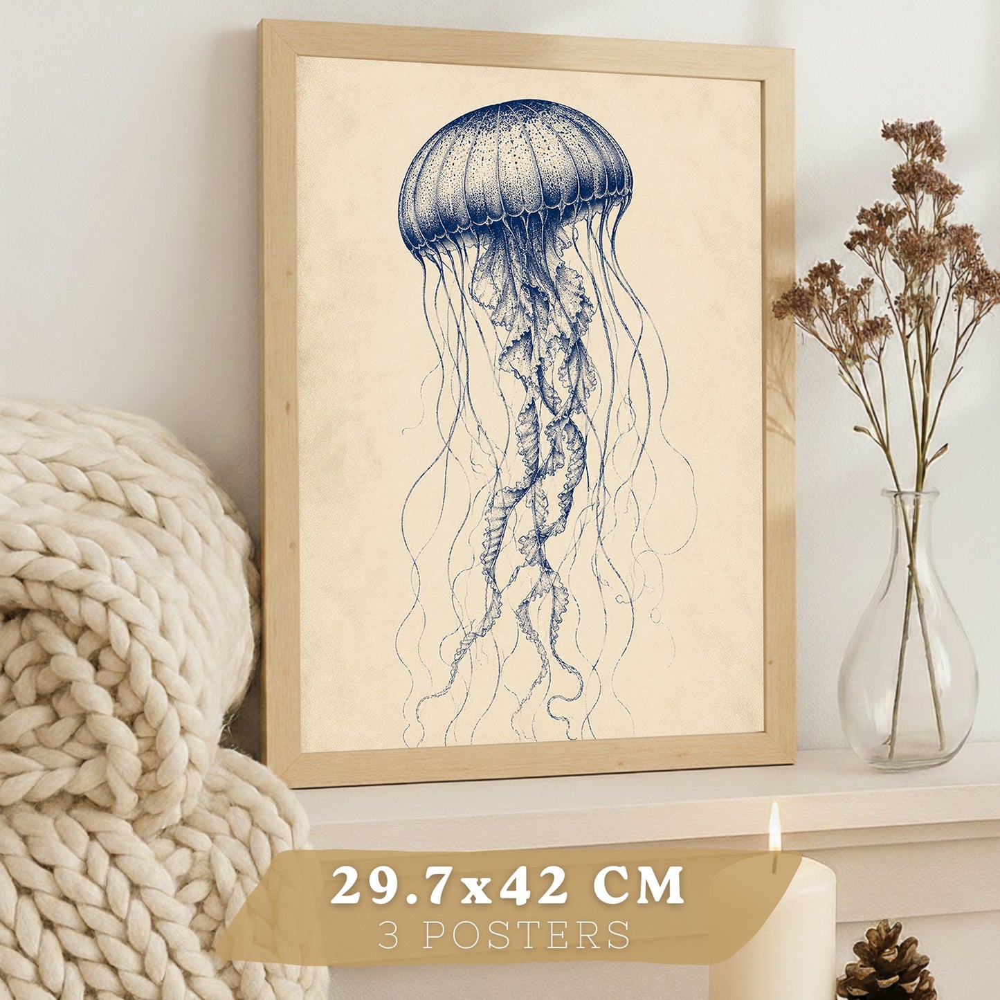 Posters de Arte Azul Costero con Nautilus, Medusa y Caballito de Mar