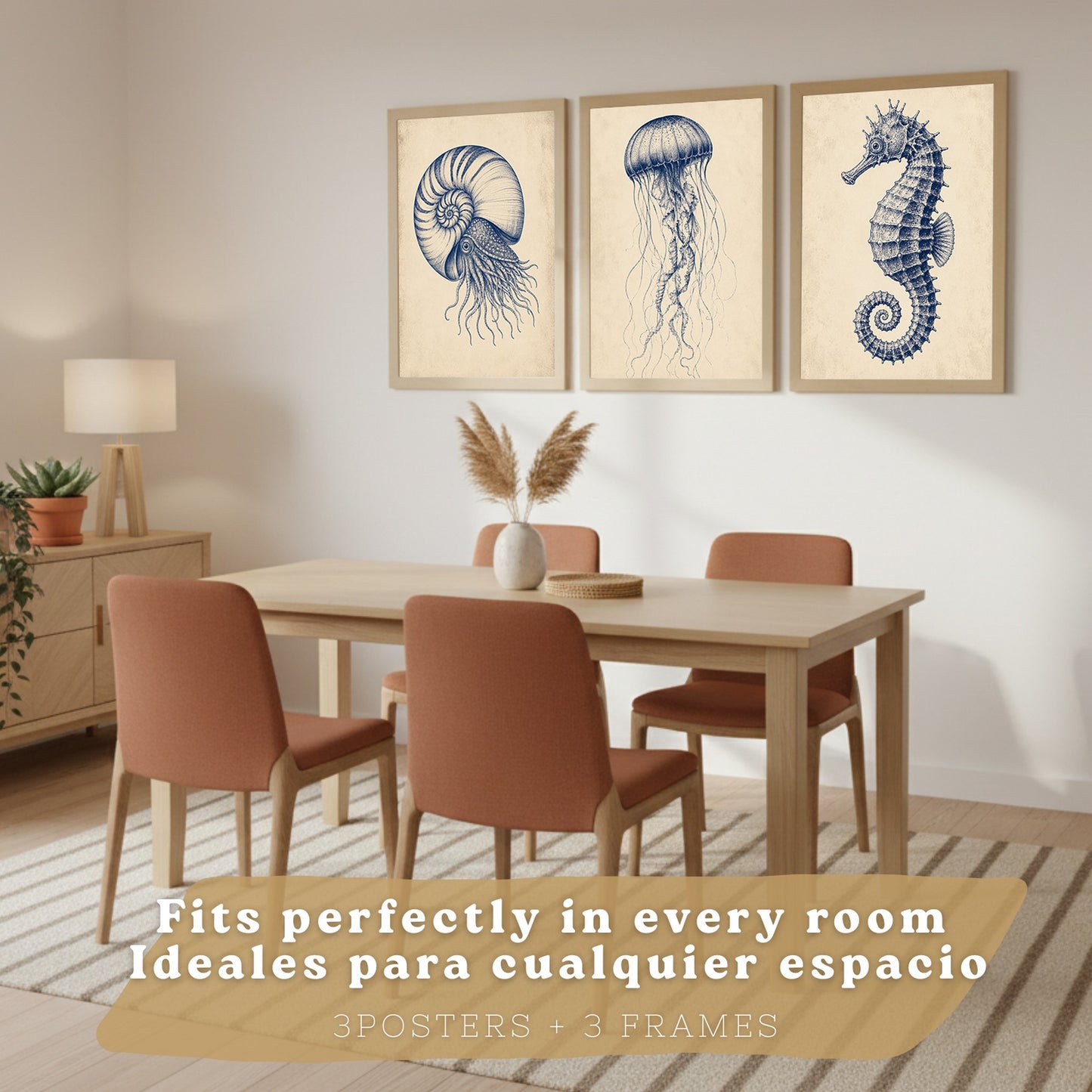 Posters de Arte Azul Costero con Nautilus, Medusa y Caballito de Mar