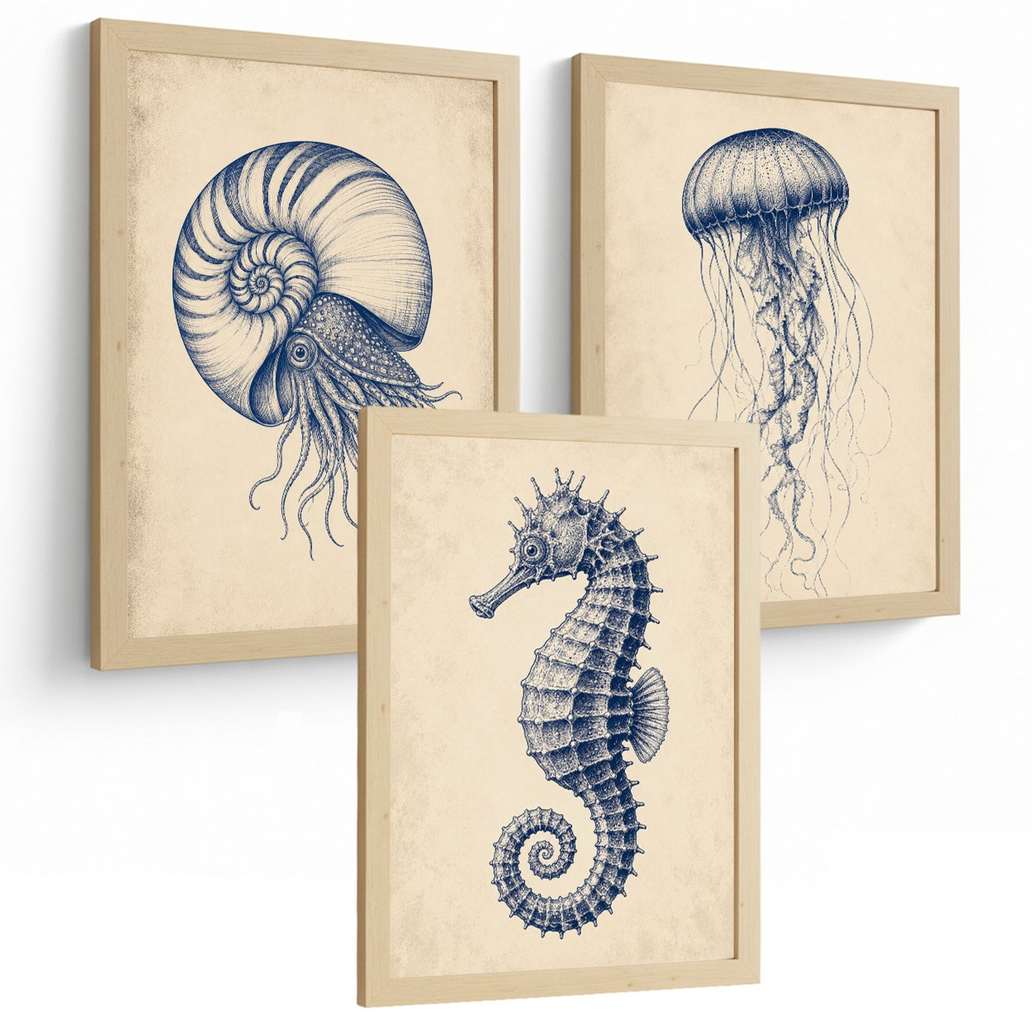 Posters de Arte Azul Costero con Nautilus, Medusa y Caballito de Mar