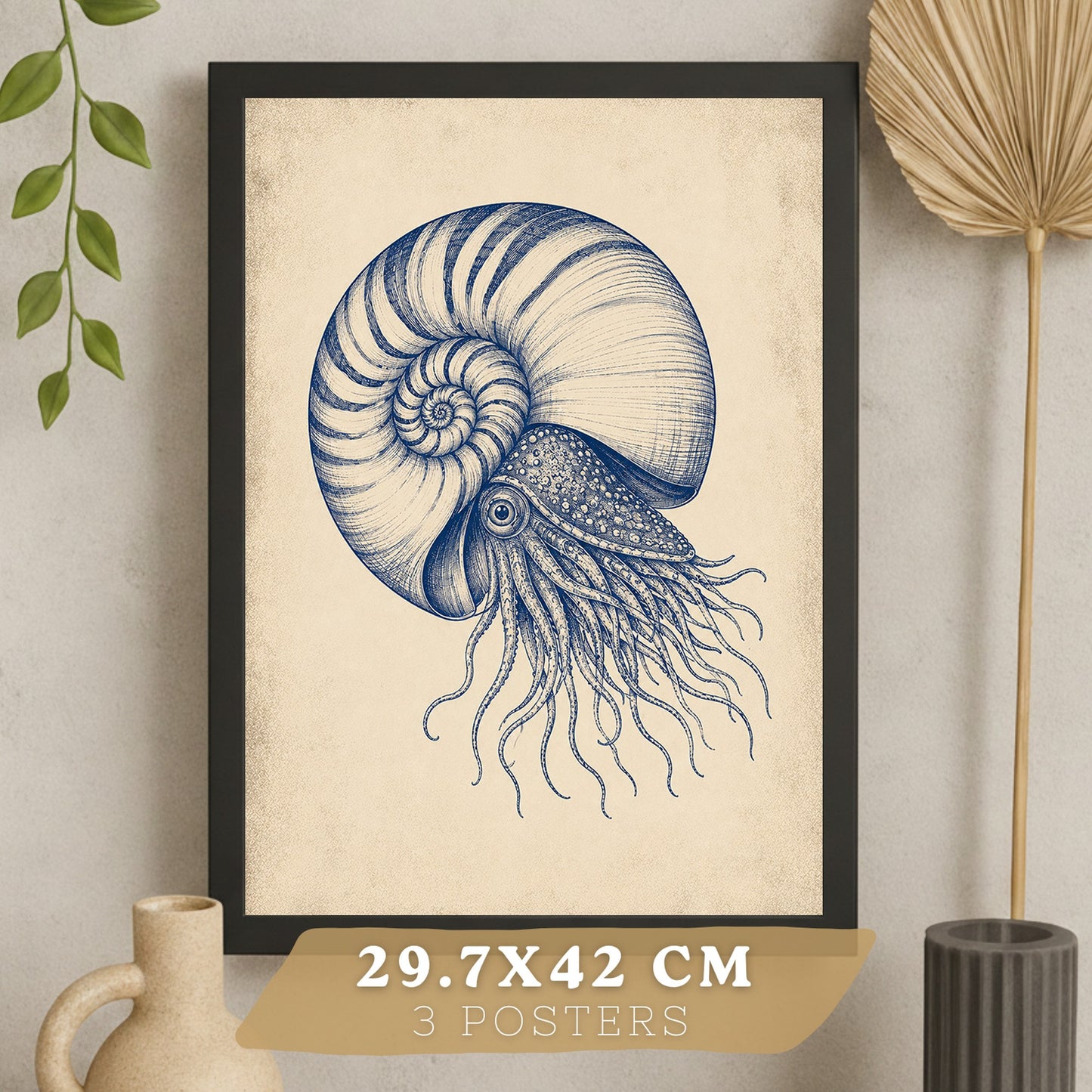 Posters de Arte Azul Costero con Nautilus, Medusa y Caballito de Mar