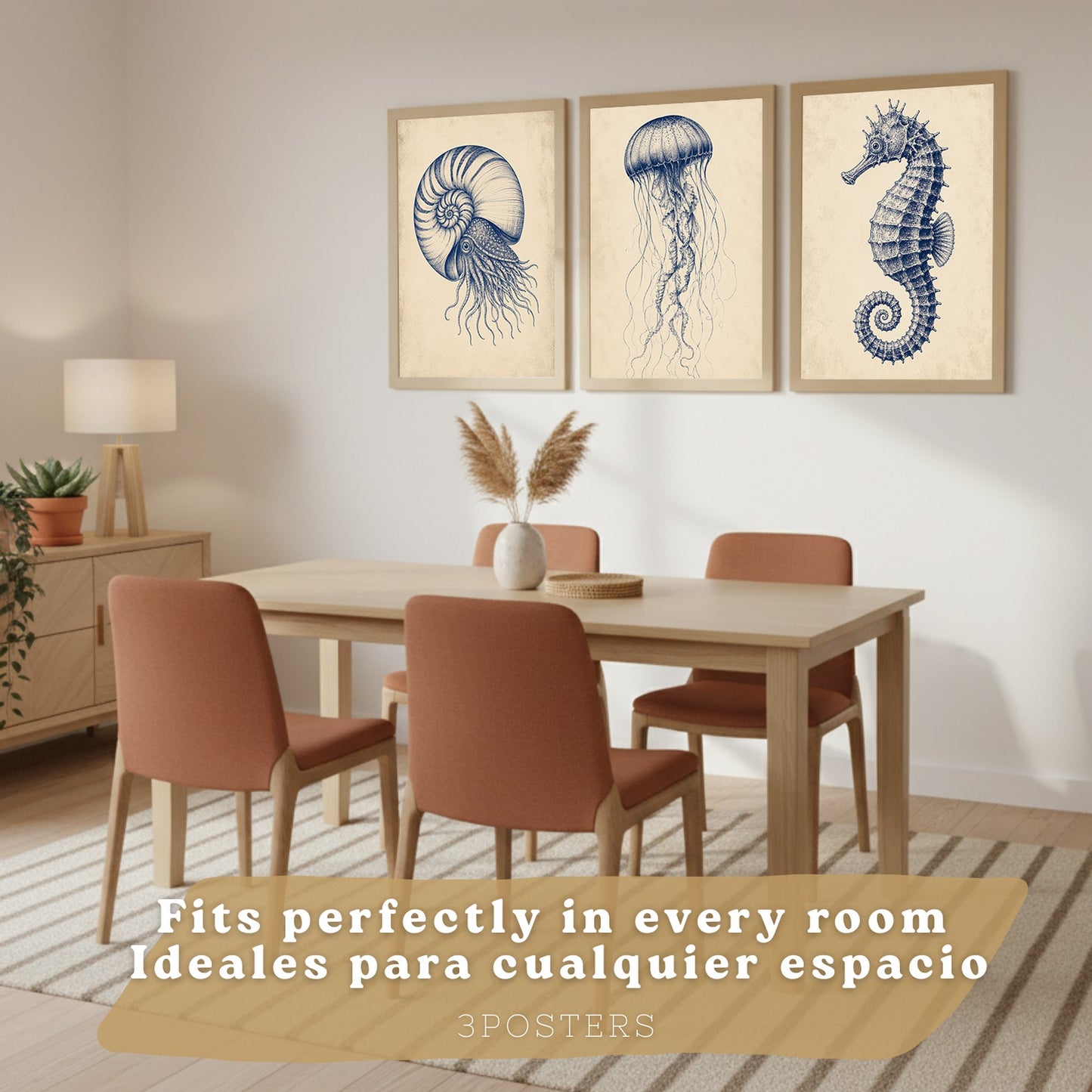 Posters de Arte Azul Costero con Nautilus, Medusa y Caballito de Mar