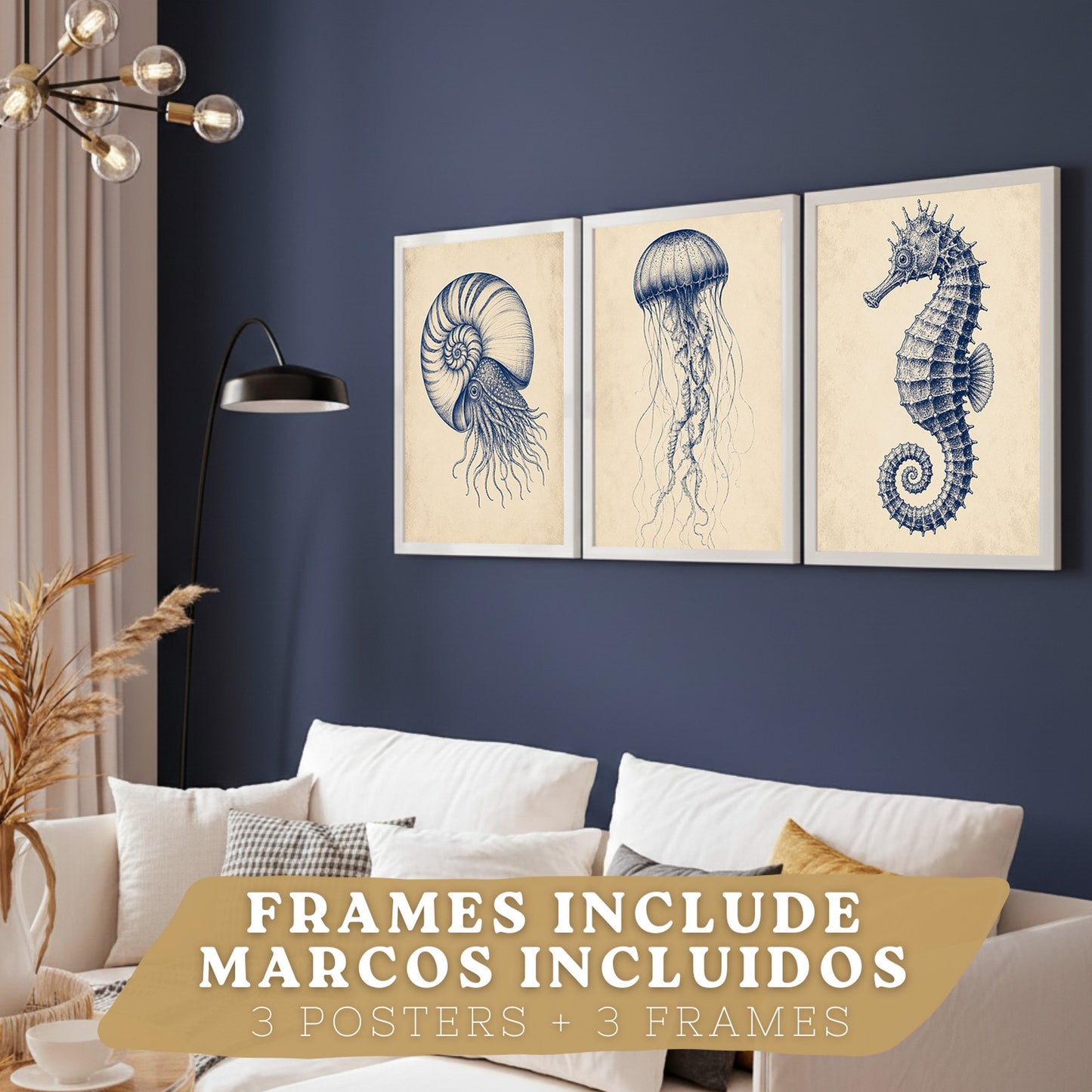 Posters de Arte Azul Costero con Nautilus, Medusa y Caballito de Mar