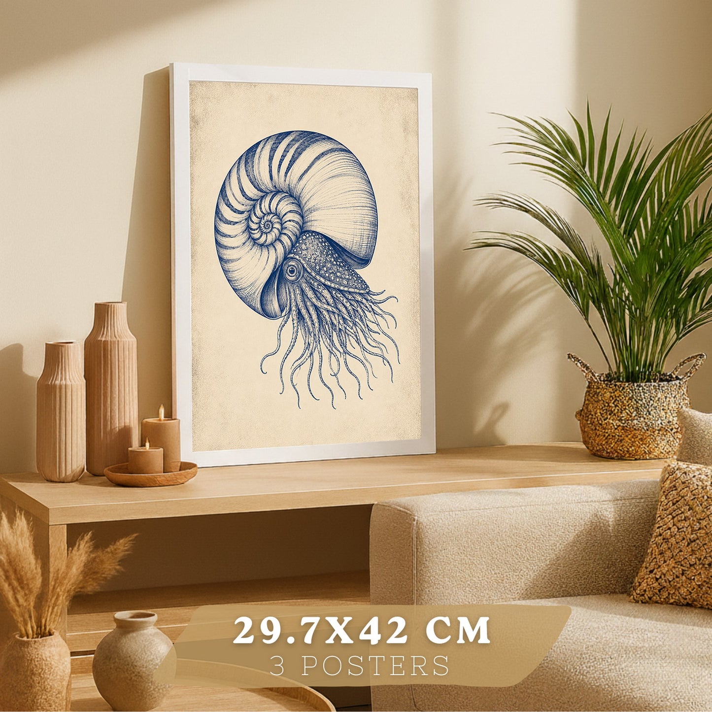 Posters de Arte Azul Costero con Nautilus, Medusa y Caballito de Mar