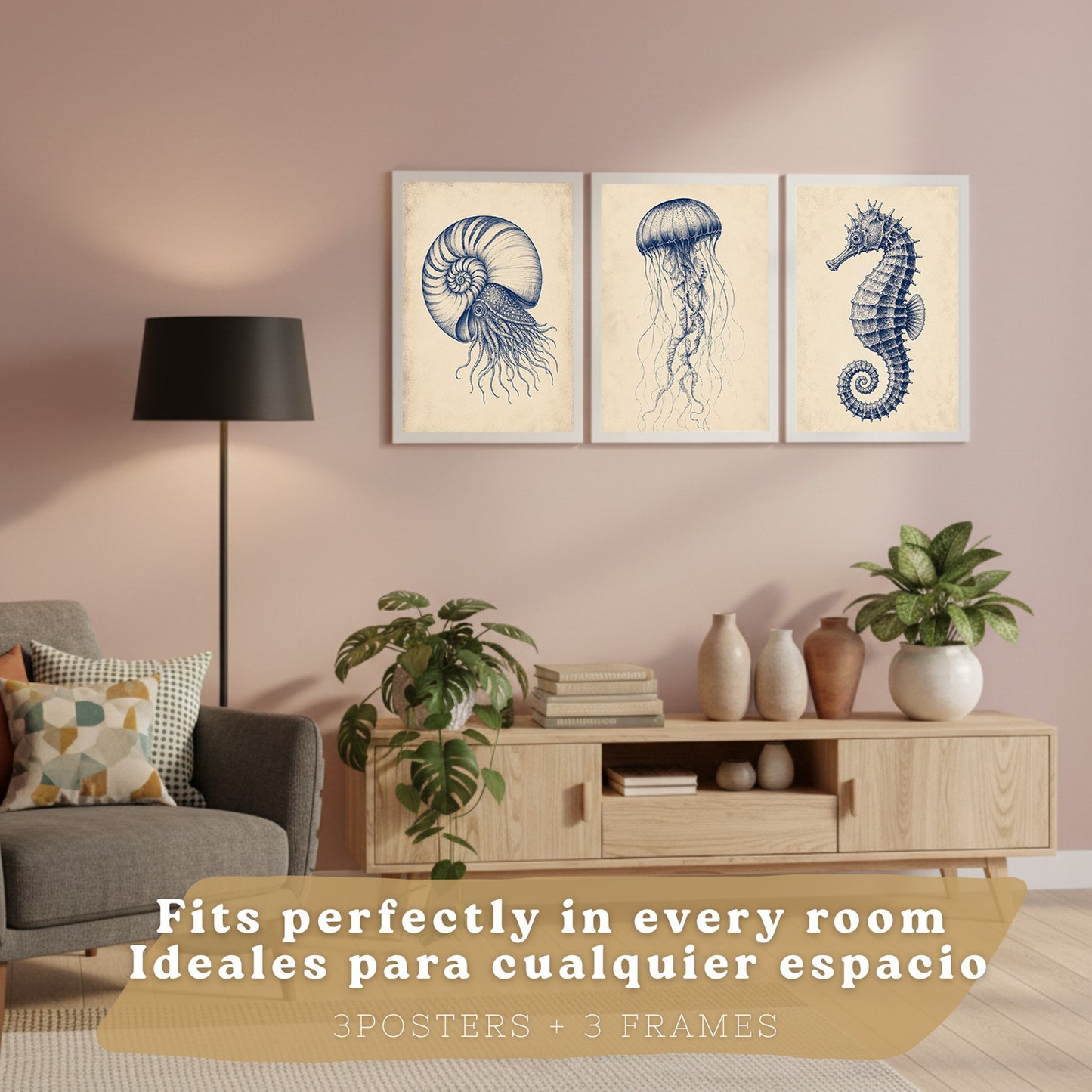 Posters de Arte Azul Costero con Nautilus, Medusa y Caballito de Mar