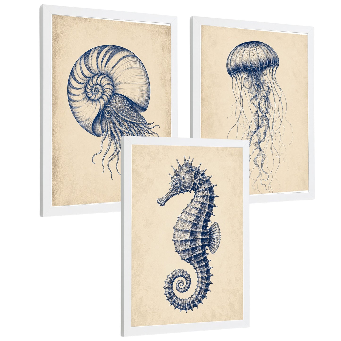 Posters de Arte Azul Costero con Nautilus, Medusa y Caballito de Mar