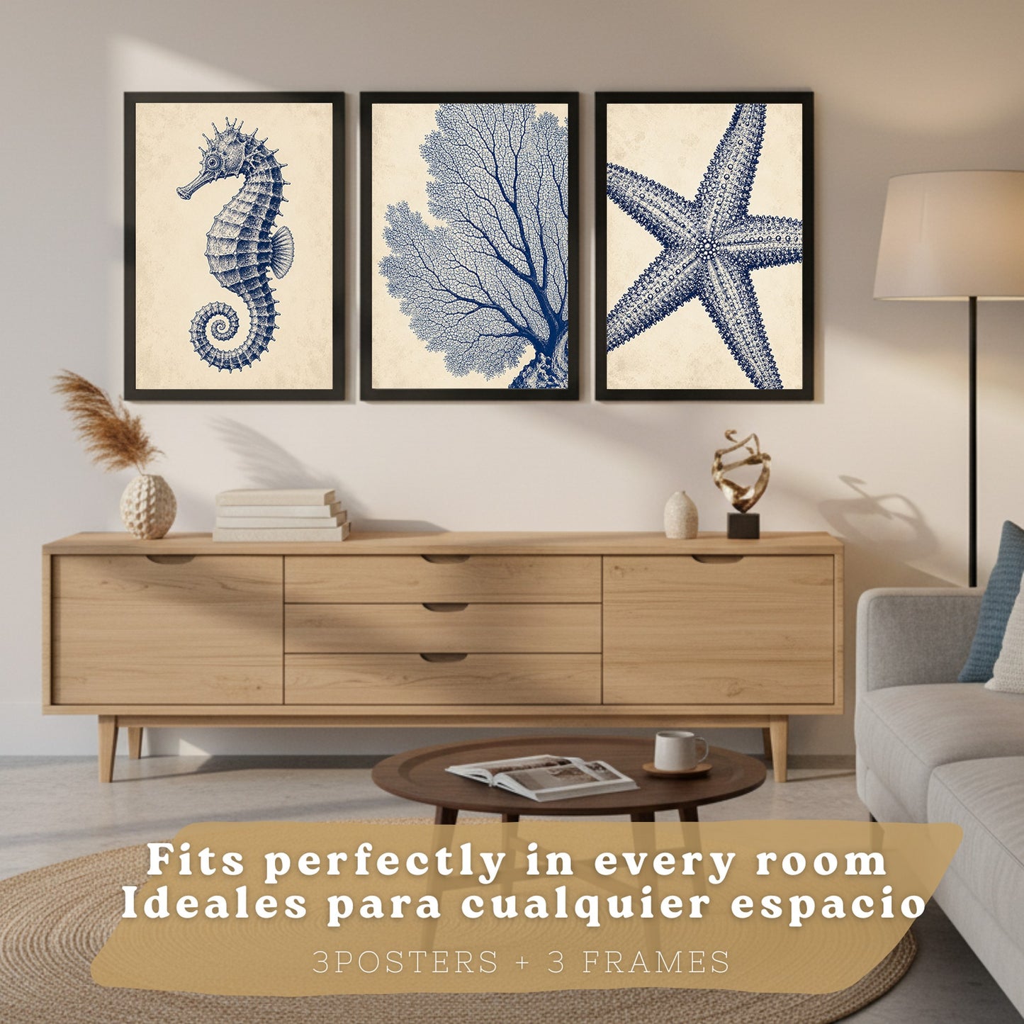 Posters de Azul Costero con Caballito de Mar, Coral y Estrella de Mar