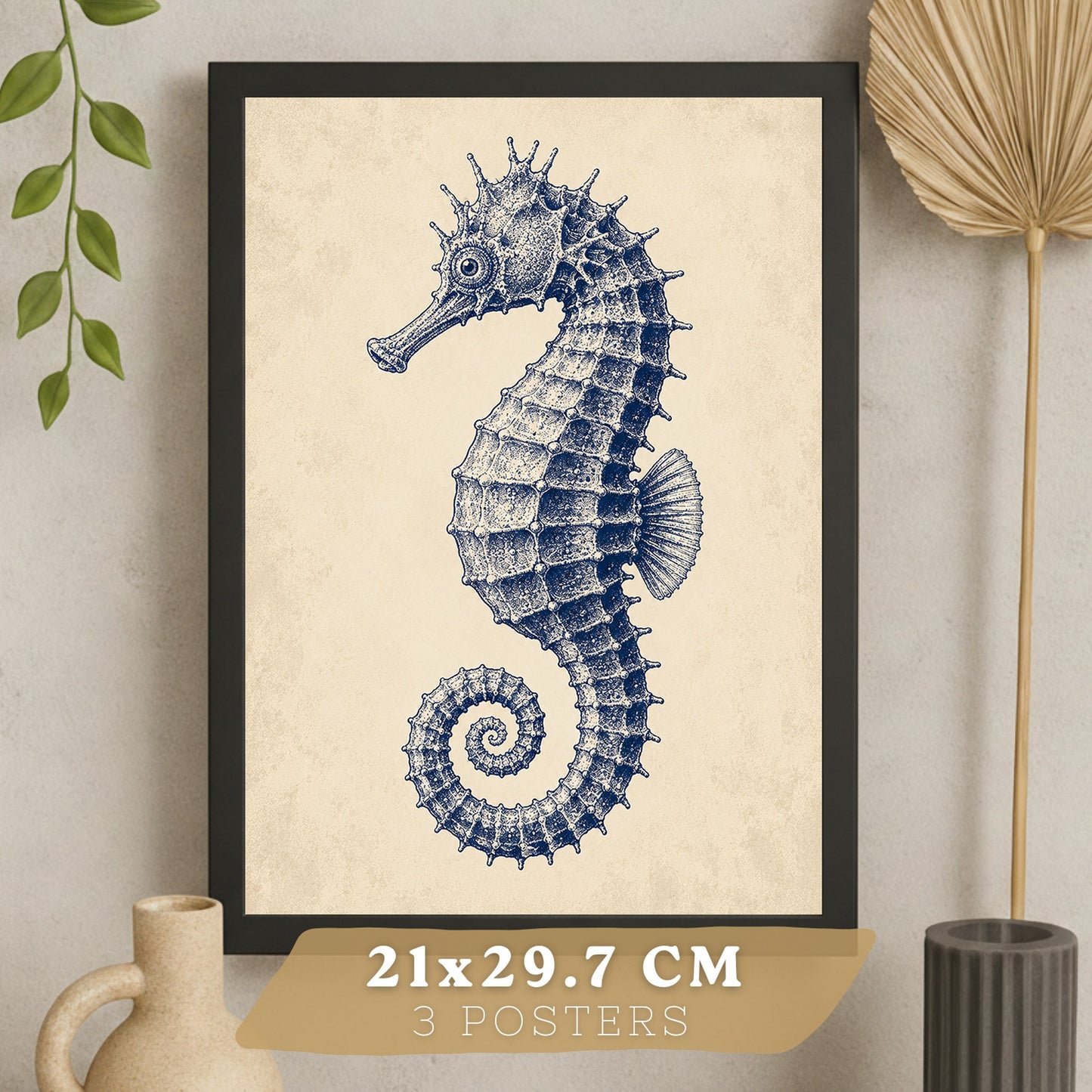 Posters de Azul Costero con Caballito de Mar, Coral y Estrella de Mar